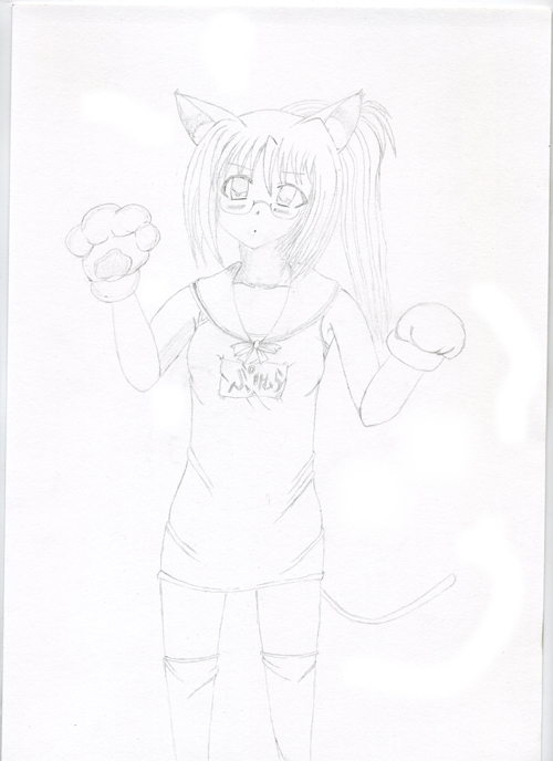 self-upload, 1girl, animal ears, bad anatomy, cat, cat ears, female focus, gdr-games, greyscale, monochrome, poorly drawn, solo