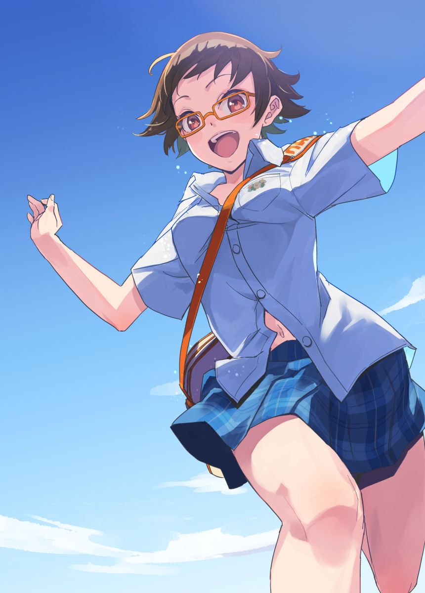 kawaty, kitagawa mahiro, idolmaster, idolmaster cinderella girls, commentary request, highres, 1girl, aqua skirt, bare legs, between breasts, blush, breasts, brown hair, fingernails, flipped hair, glasses, looking at viewer, medium breasts, navel, open collar, orange-framed eyewear, outdoors, partially unbuttoned, running, school uniform, shirt, short hair, short sleeves, skirt, smile, solo, strap between breasts, summer uniform, white shirt