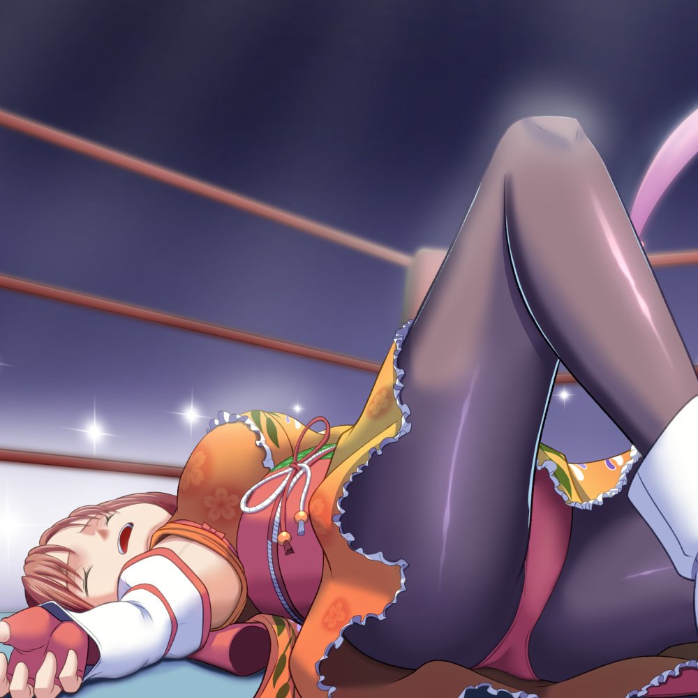 hayato rock, kanai cuty, wrestle angels, 1girl, black pantyhose, brown hair, catfight, closed eyes, defeat, fingerless gloves, floral print, floral print kimono, gloves, japanese clothes, kimono, knee up, leggings, lying, open mouth, orange kimono, panties, pantyhose, print kimono, red gloves, red panties, solo, thighs, underwear, wrestling, wrestling ring