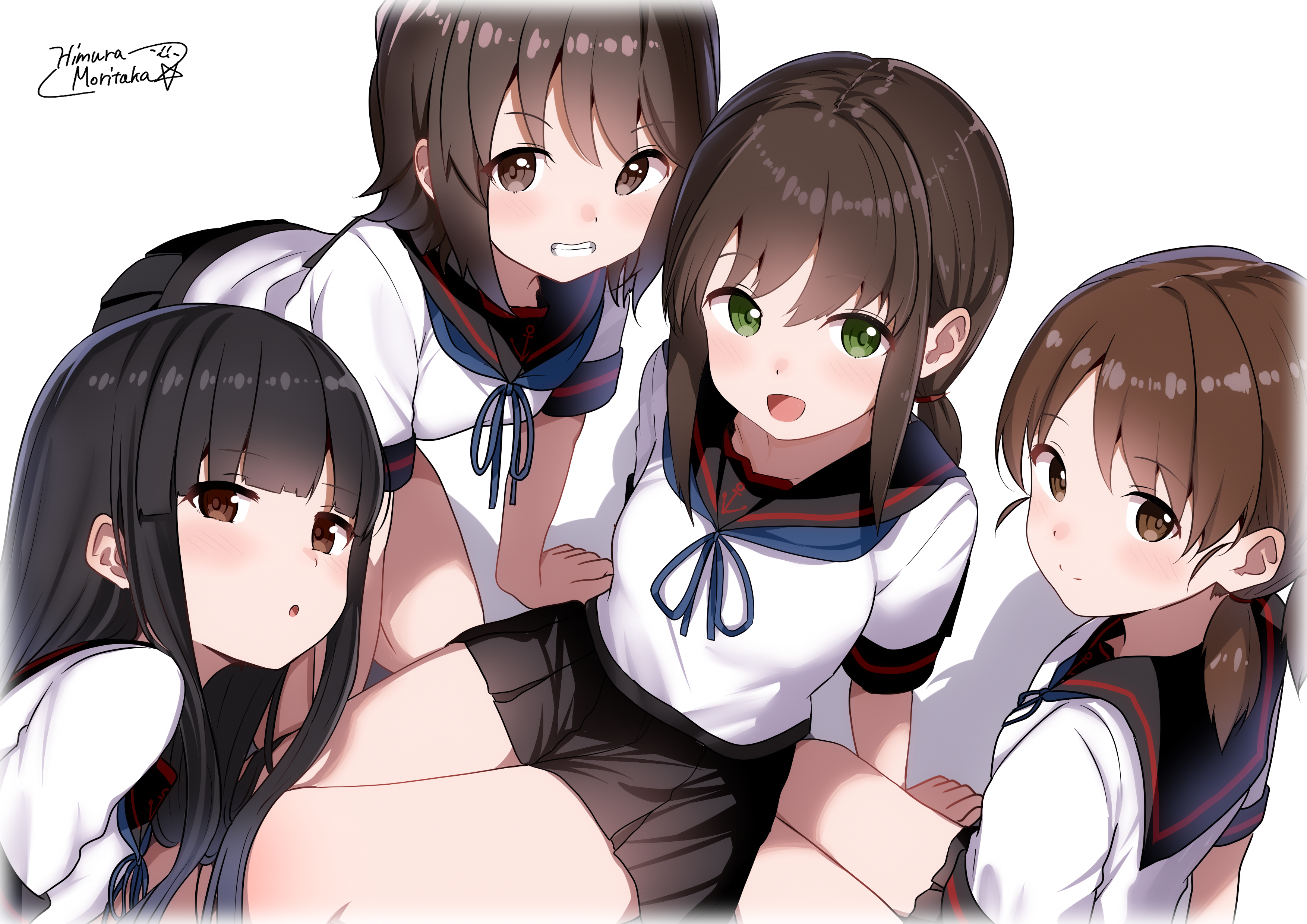 himura moritaka, fubuki (kancolle), fubuki kai ni (kancolle), hatsuyuki (kancolle), hatsuyuki kai ni (kancolle), miyuki (kancolle), miyuki kai ni (kancolle), shirayuki (kancolle), shirayuki kai ni (kancolle), kantai collection, absurdres, highres, 4girls, :d, :o, black hair, black skirt, blue sailor collar, blunt bangs, brown eyes, closed mouth, green eyes, grin, long hair, multiple girls, open mouth, pleated skirt, sailor collar, school uniform, shirt, short hair, sidelocks, signature, simple background, sitting, skirt, smile, thighs, white background, white shirt