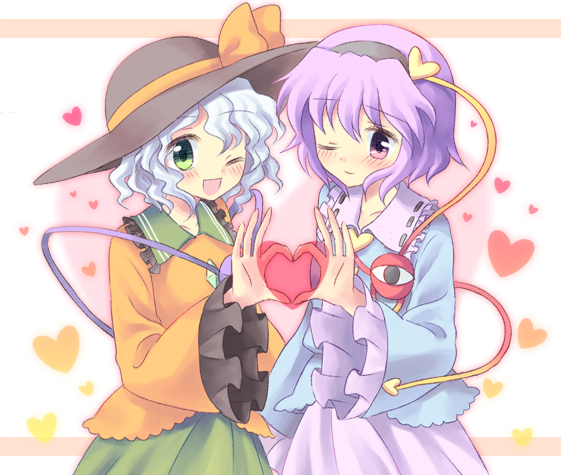 kuguri oimo, komeiji koishi, komeiji satori, touhou, silver hair, 2girls, blouse, bow, female focus, four-finger heart hands, green eyes, hairband, hat, heart, heart hands, heart hands duo, heart in heart hands, multiple girls, purple eyes, purple hair, ribbon, shirt, short hair, siblings, sisters, third eye, yellow bow, yellow shirt