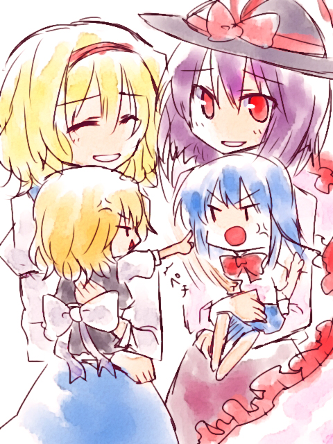 myama, alice margatroid, hinanawi tenshi, kirisame marisa, nagae iku, touhou, 4girls, aged down, angry, closed eyes, female focus, hairband, hat, multiple girls, red eyes, shawl, time paradox, white background