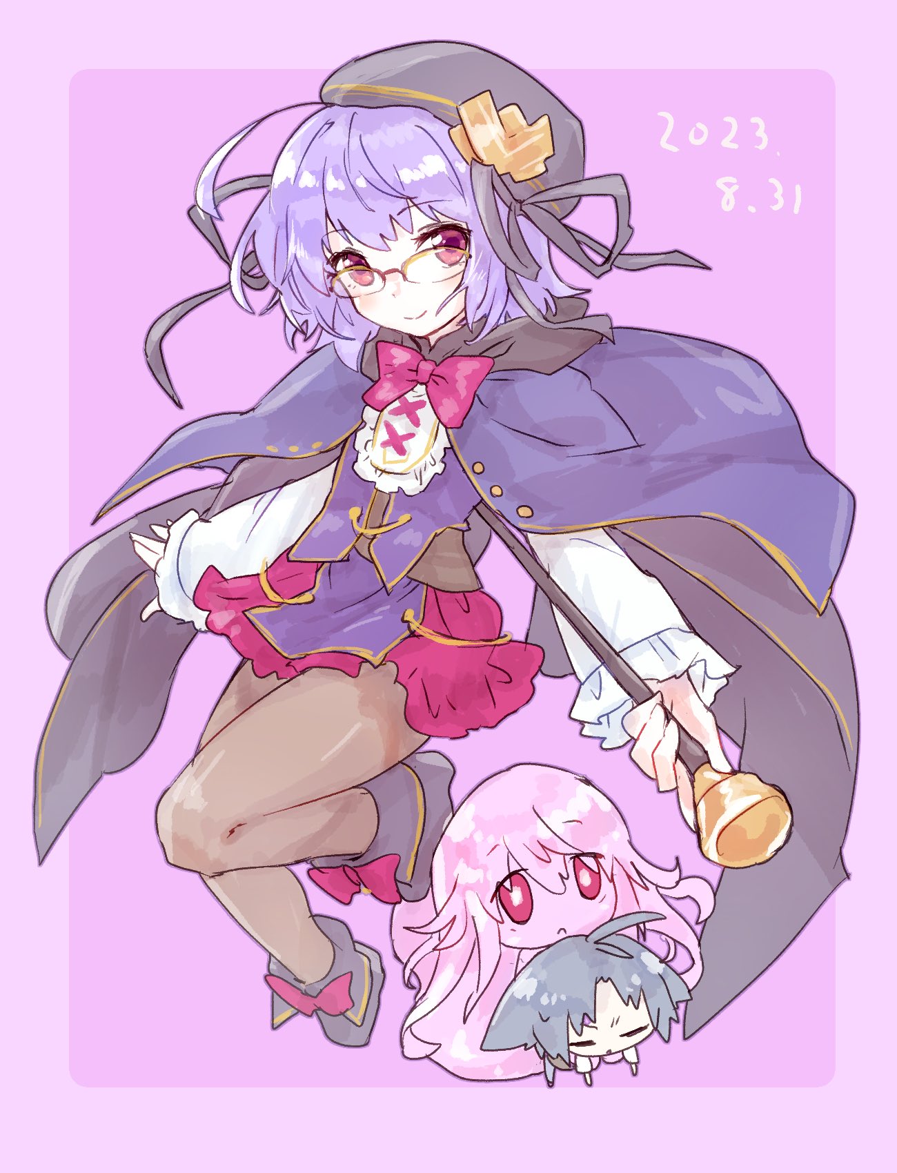 yusa yuyu, emil chronicle online, highres, 2girls, black boots, black cloak, black hat, black ribbon, blue cloak, blue jacket, boots, brown pantyhose, cloak, dated, glasses, hair ribbon, hat, holding, holding stick, jacket, monster girl, multiple girls, neck ribbon, pantyhose, paracelsus lore, pink background, purple hair, red eyes, red ribbon, red skirt, ribbon, shirt, skirt, slime girl, stick, white shirt