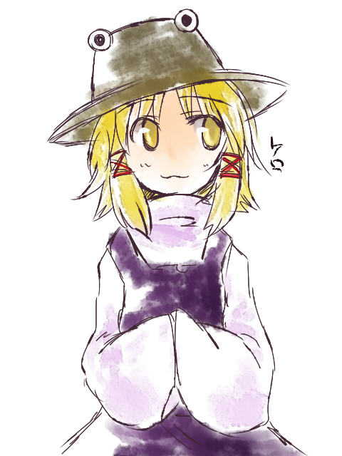 myama, moriya suwako, touhou, 1girl, :3, blonde hair, female focus, hat, simple background, solo, yellow eyes