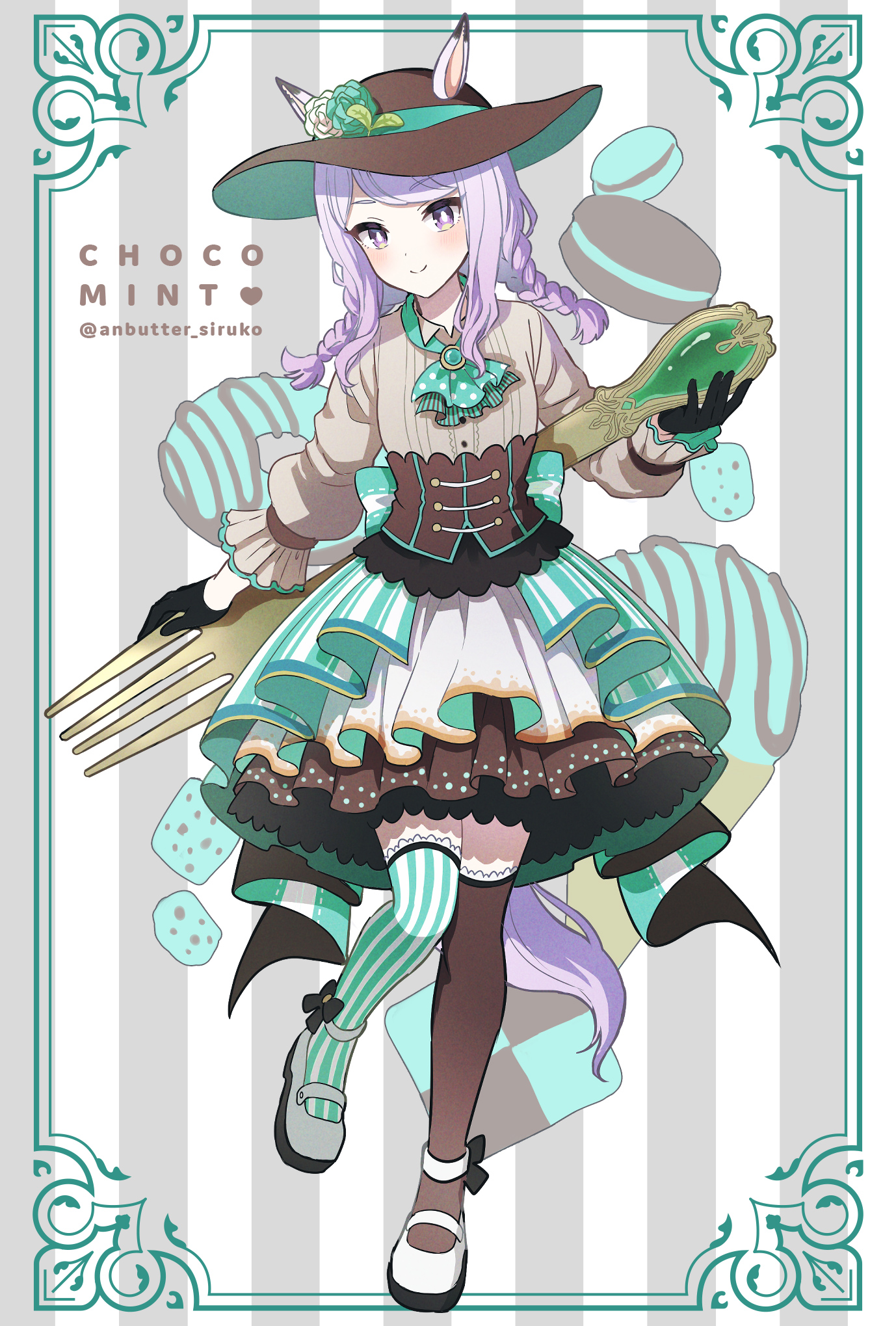 anbutter siruko, mejiro mcqueen (umamusume), umamusume, commentary request, highres, 1girl, alternate costume, alternate hairstyle, animal ears, ascot, black corset, black dress, black gloves, black hat, black thighhighs, braid, brooch, brown dress, checkerboard cookie, closed mouth, cookie, corset, donut, dress, ears through headwear, flower, food, fork, full body, gloves, green ascot, green dress, green flower, green ribbon, green rose, green thighhighs, hat, hat flower, hat ribbon, holding, holding fork, horse ears, horse girl, horse tail, ice cream, jewelry, layered dress, long hair, long sleeves, looking at viewer, macaron, mint chocolate, mismatched thighhighs, oversized object, polka dot ascot, purple eyes, purple hair, ribbon, rose, shoes, smile, solo, striped background, striped clothes, striped thighhighs, tail, thighhighs, twin braids, twitter username, white dress, white flower, white rose, white shoes, white thighhighs
