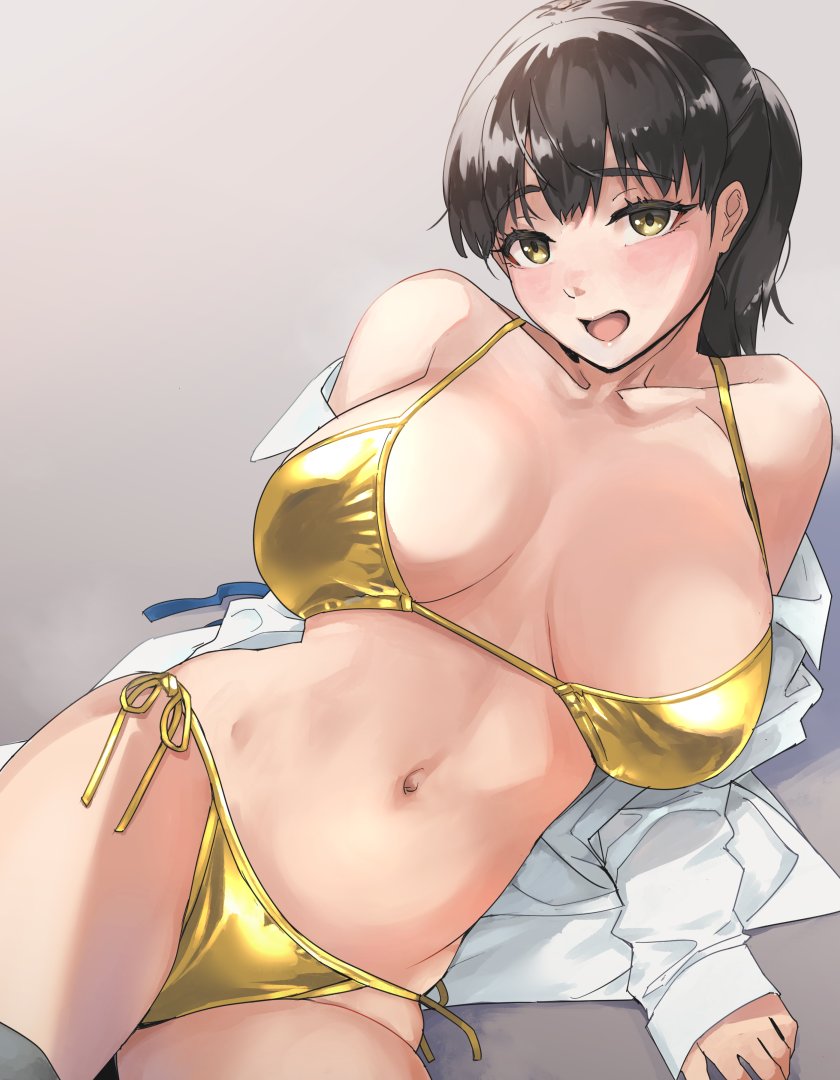 kawaty, original, commentary request, 1girl, :o, bikini, black hair, blush, breasts, breasts apart, collarbone, dress shirt, gold bikini, huge breasts, looking at viewer, navel, open clothes, open shirt, shirt, side-tie bikini bottom, solo, stomach, string bikini, swimsuit, white shirt, yellow eyes