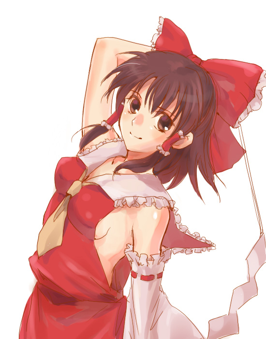 nichiru, hakurei reimu, touhou, bad id, bad pixiv id, 1girl, breasts, female focus, gohei, japanese clothes, miko, ribbon, simple background, solo, white background