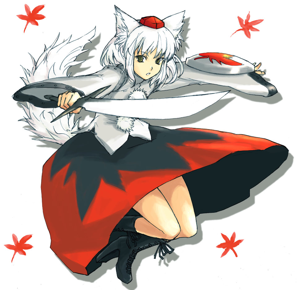 tetsu (kimuchi), inubashiri momiji, touhou, 1girl, animal ears, female focus, hat, leaf, shield, short hair, solo, sword, tail, tokin hat, weapon, white hair, wolf ears, wolf tail