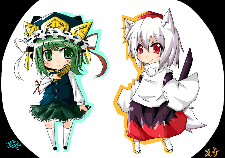 suna (sunaipu), sunaipu, inubashiri momiji, shiki eiki, touhou, bad id, bad pixiv id, 2girls, animal ears, chibi, female focus, green eyes, green hair, hat, multiple girls, red eyes, ribbon, rod of remorse, short hair, sword, tail, tokin hat, weapon, white hair, wolf ears, wolf tail