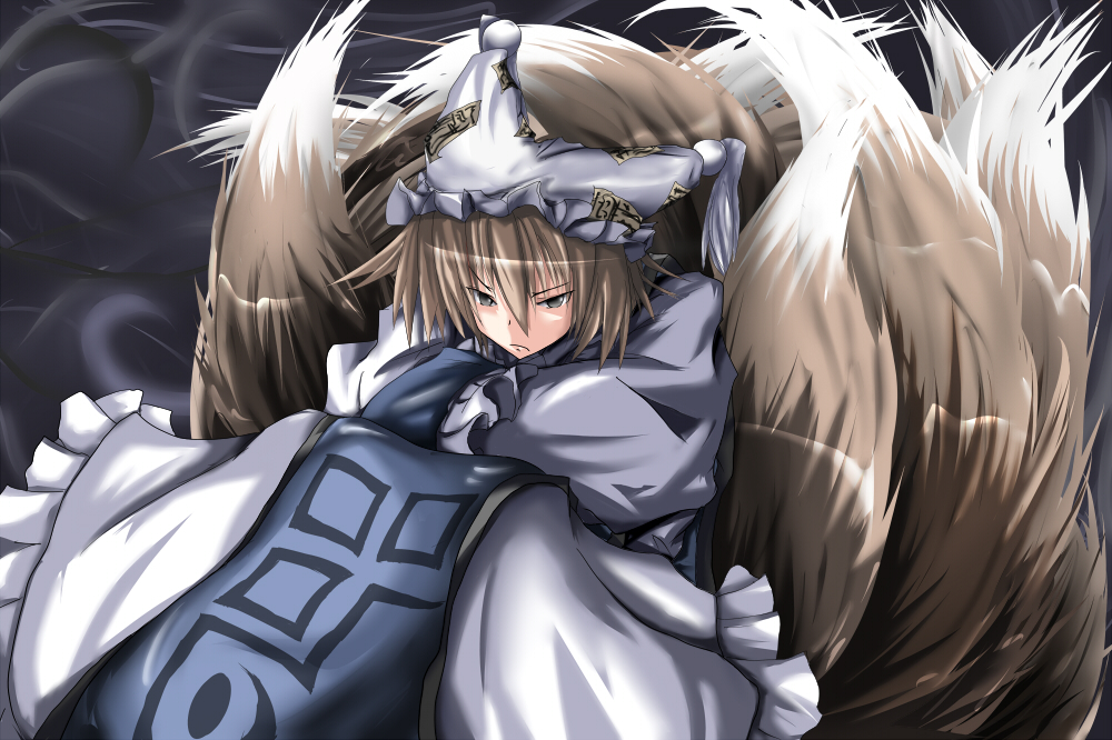 kara kasa, karakasa (murakumo koushou), yakumo ran, touhou, 1girl, animal ears, animal hat, blonde hair, closed eyes, crossed arms, female focus, fox ears, fox tail, hat, long sleeves, mob cap, multiple tails, short hair, sitting, solo, tabard, tail, tassel, wide sleeves