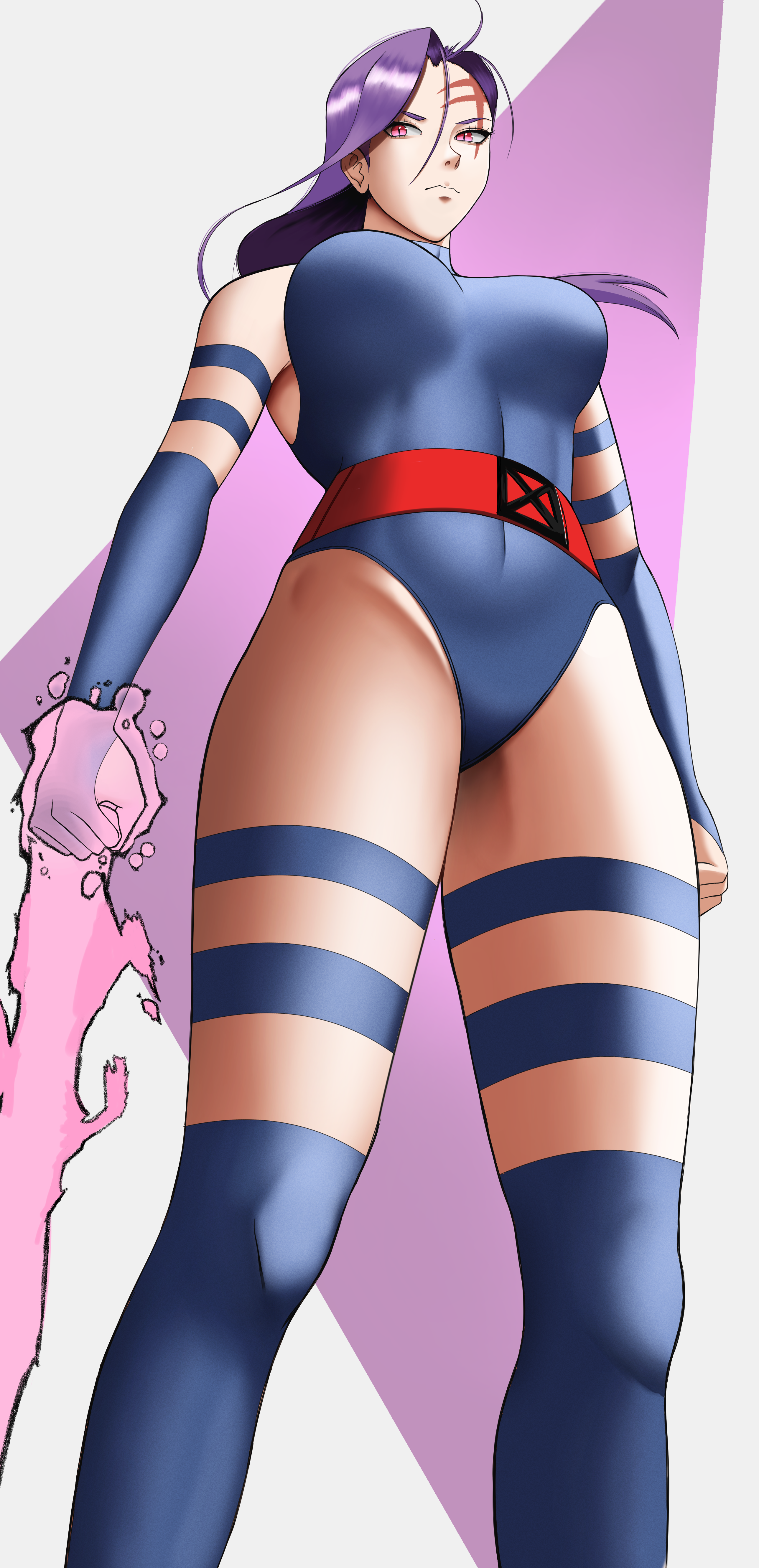 poketune, psylocke, marvel, marvel vs. capcom, marvel vs. capcom 2, x-men, absurdres, highres, 1girl, armband, asian, belt, breasts, elbow gloves, energy sword, from below, gloves, highleg, highleg leotard, large breasts, leotard, long hair, looking at viewer, ninja, pink eyes, purple hair, revealing clothes, scar, scar on face, sword, thong leotard, weapon