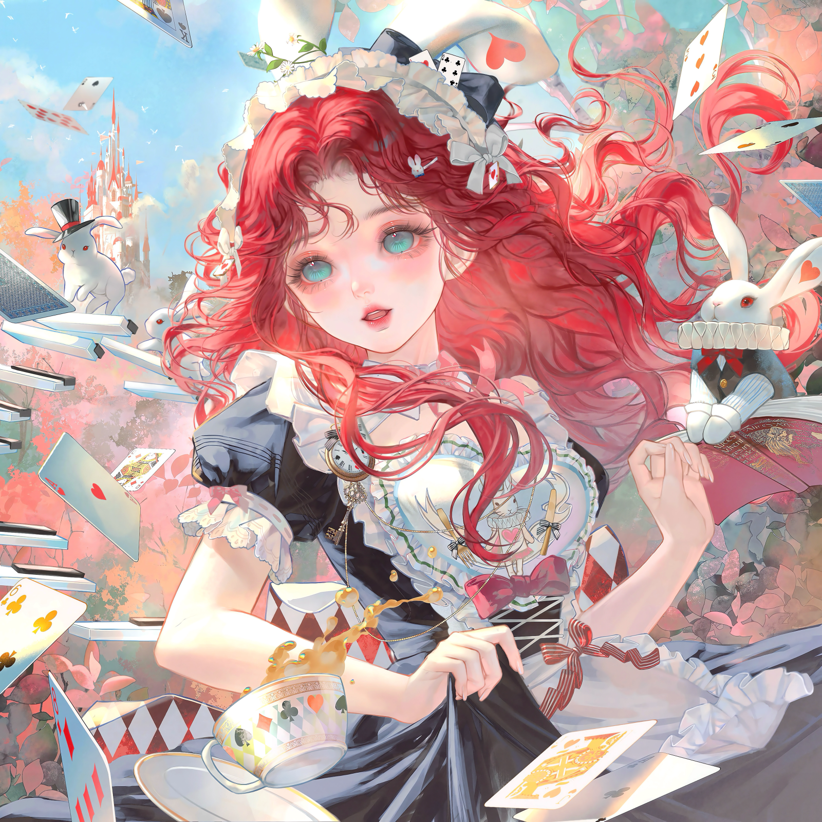 xixizi, alice (alice in wonderland), white rabbit (alice in wonderland), original, highres, large variant set, variant set, 1girl, apron, aqua eyes, book, bow, breasts, card, castle, choker, cup, day, dress, food, frilled dress, frills, long hair, looking at viewer, maid, open mouth, playing card, puffy short sleeves, puffy sleeves, rabbit, red hair, saucer, short sleeves, solo, tea, teacup, teapot