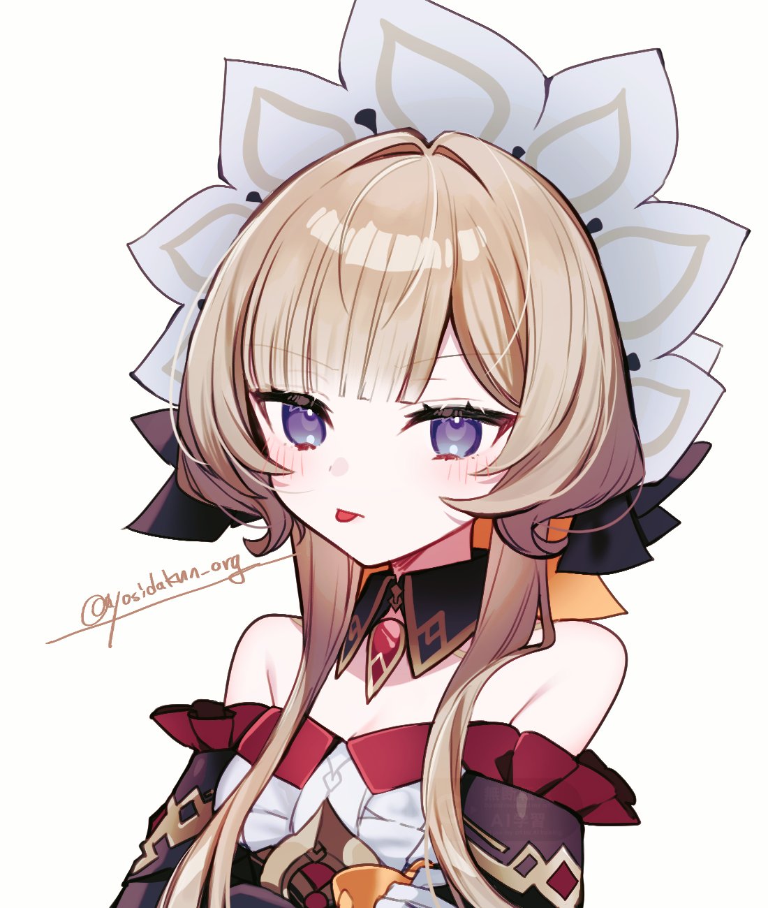yomoda (7taizai7bitoku), sandrone (genshin impact), genshin impact, commentary request, highres, 1girl, :p, bare shoulders, blue eyes, blush, brown hair, closed mouth, collar, detached collar, detached sleeves, dress, gem, hair intakes, headdress, looking at viewer, red gemstone, short hair with long locks, simple background, solo, strapless, strapless dress, tongue, tongue out, twitter username, upper body, white background, white headdress