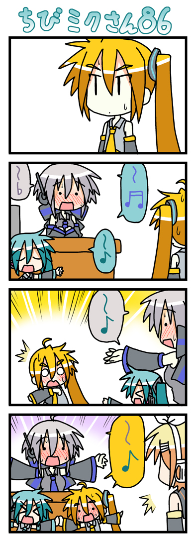 minami (colorful palette), akita neru, chibi miku, hatsune miku, kagamine rin, yowane haku, vocaloid, long image, tall image, > <, . ., 4girls, 4koma, ^^^, arms up, blush, chibi, closed eyes, comic, embarrassed, flat sign, multiple girls, music, musical note, o o, quaver, silent comic, singing, speech bubble, spoken musical note, surprised, sweatdrop, | |