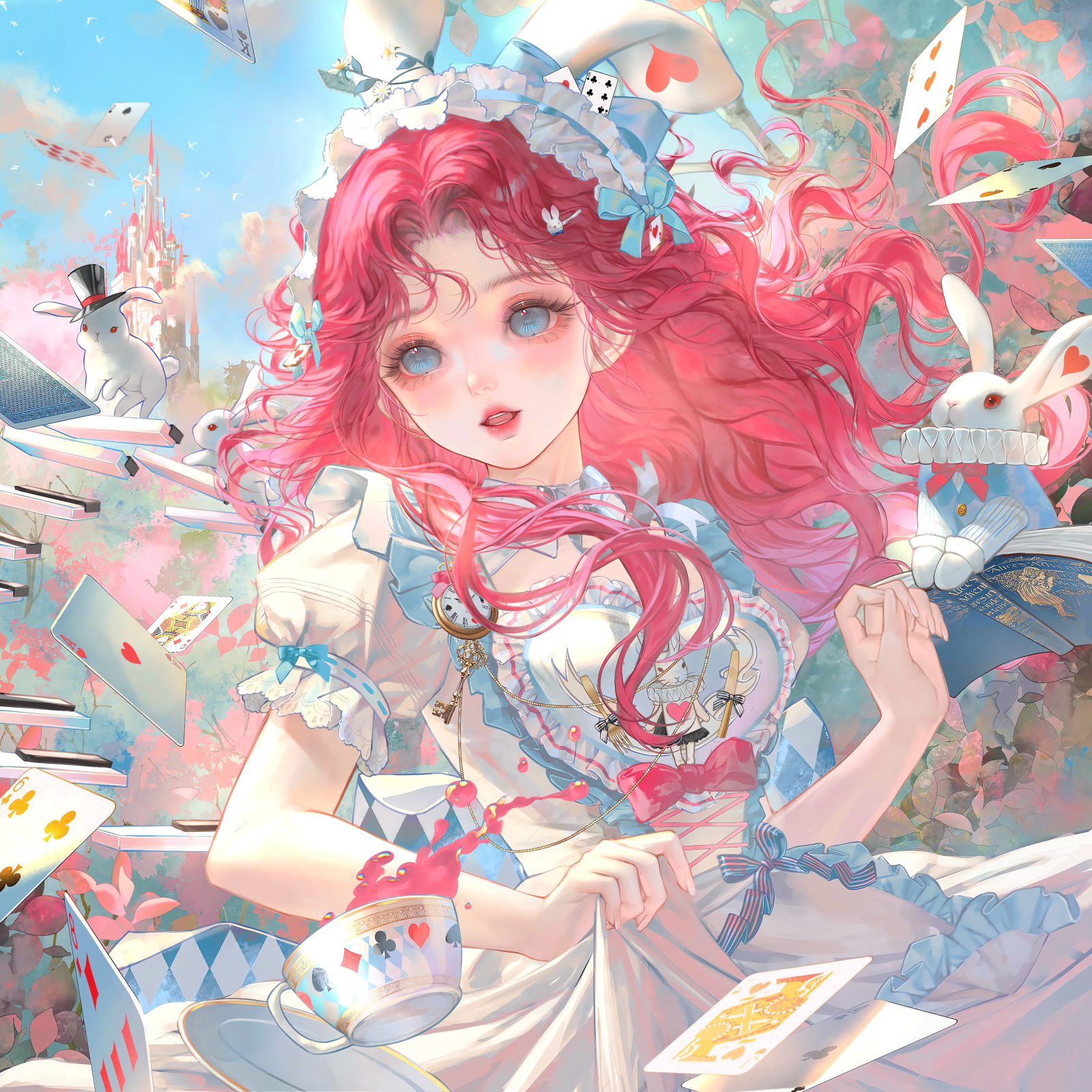 xixizi, original, highres, large variant set, variant set, 1girl, animal ears, apron, blue eyes, book, bow, card, castle, cup, dress, frills, long hair, pink hair, playing card, puffy short sleeves, puffy sleeves, rabbit, rabbit ears, red hair, short sleeves, solo, tea, teacup, teapot, white dress