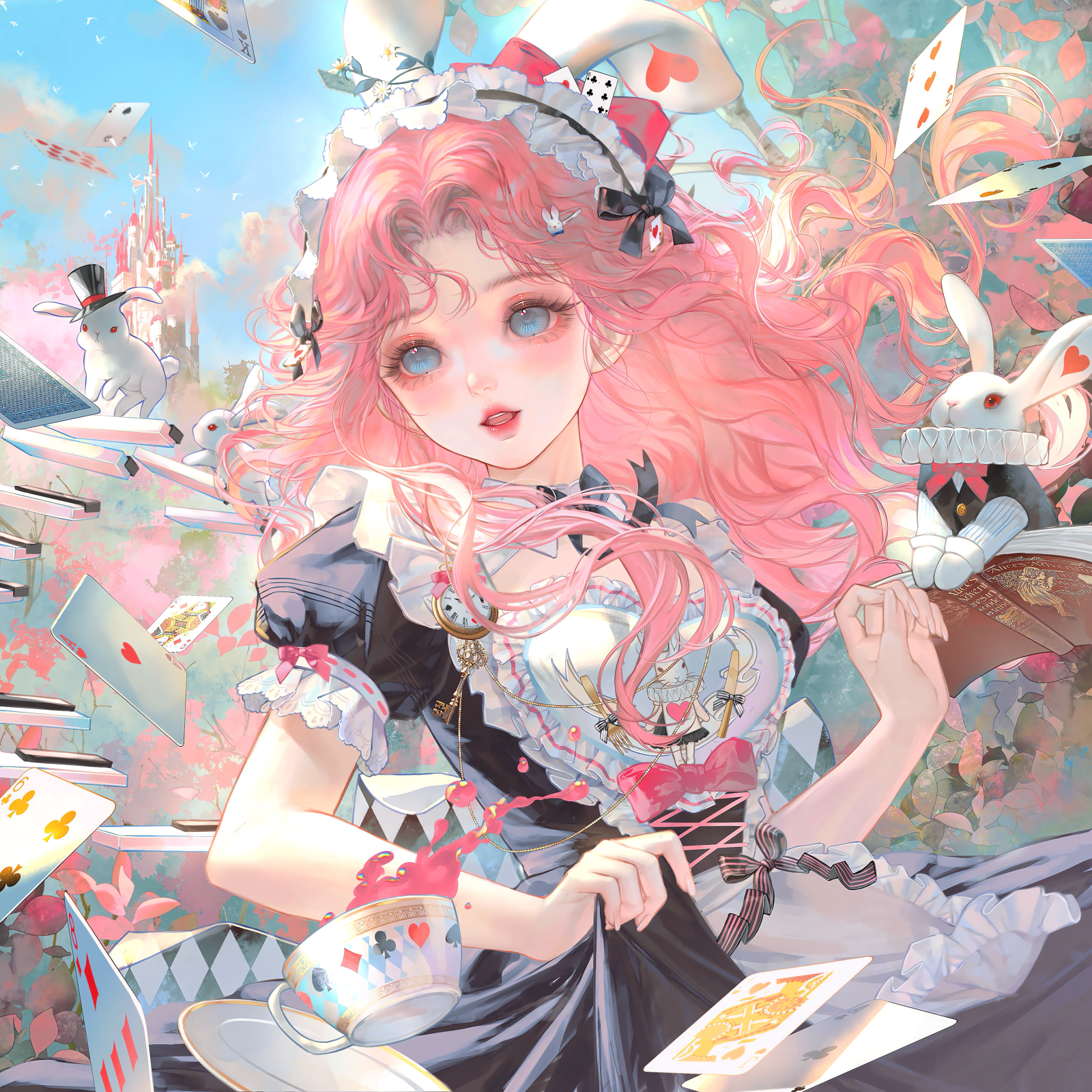 xixizi, original, highres, large variant set, variant set, 1girl, animal ears, apron, black dress, blue eyes, book, bow, breasts, card, cup, day, dress, frills, heart, long hair, maid, maid headdress, open mouth, pink hair, playing card, pocket watch, puffy short sleeves, puffy sleeves, rabbit, rabbit ears, short sleeves, solo, tea, teacup, teapot, watch