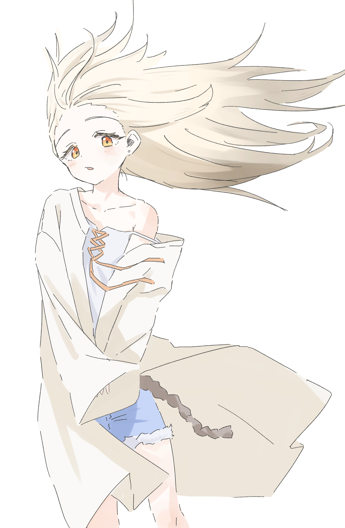 sugidoritos, shinosawa hiro, gakuen idolmaster, idolmaster, commentary request, highres, :o, bare legs, blonde hair, blush, camisole, collarbone, colored eyelashes, denim, denim shorts, earrings, feet out of frame, floating hair, forehead, jewelry, long hair, looking at viewer, orange eyes, robe, shorts, simple background, single bare shoulder, stud earrings, very long hair, white background, white camisole, white robe