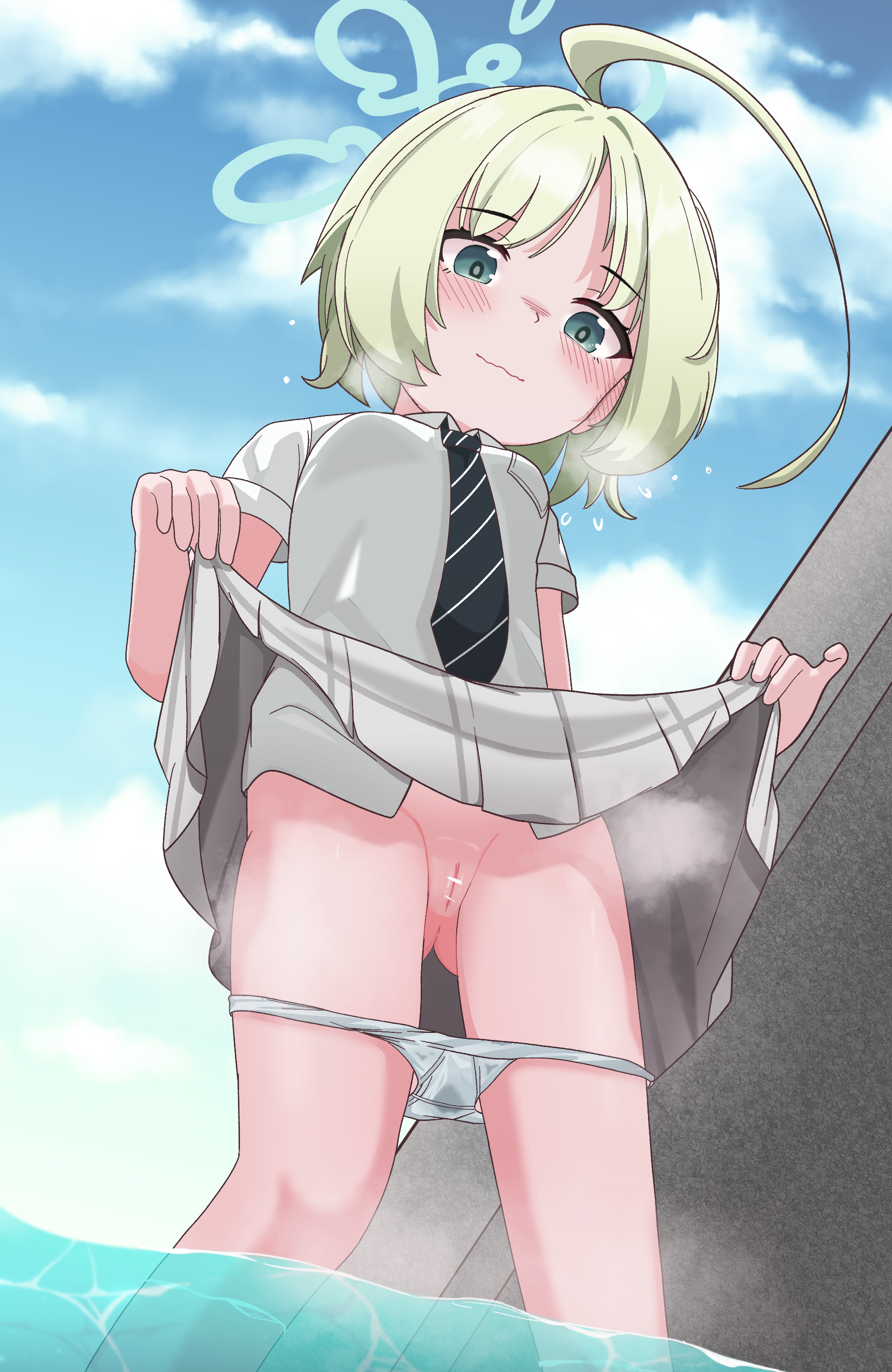 lmc (lmcgarage), blue archive, absurdres, commentary request, highres, 1girl, ahoge, bar censor, censored, clothes lift, green eyes, green hair, halo, lifting own clothes, necktie, outdoors, panties, panty pull, pussy, ritsu (blue archive), short hair, short sleeves, skirt, skirt lift, sky, solo, underwear, white panties