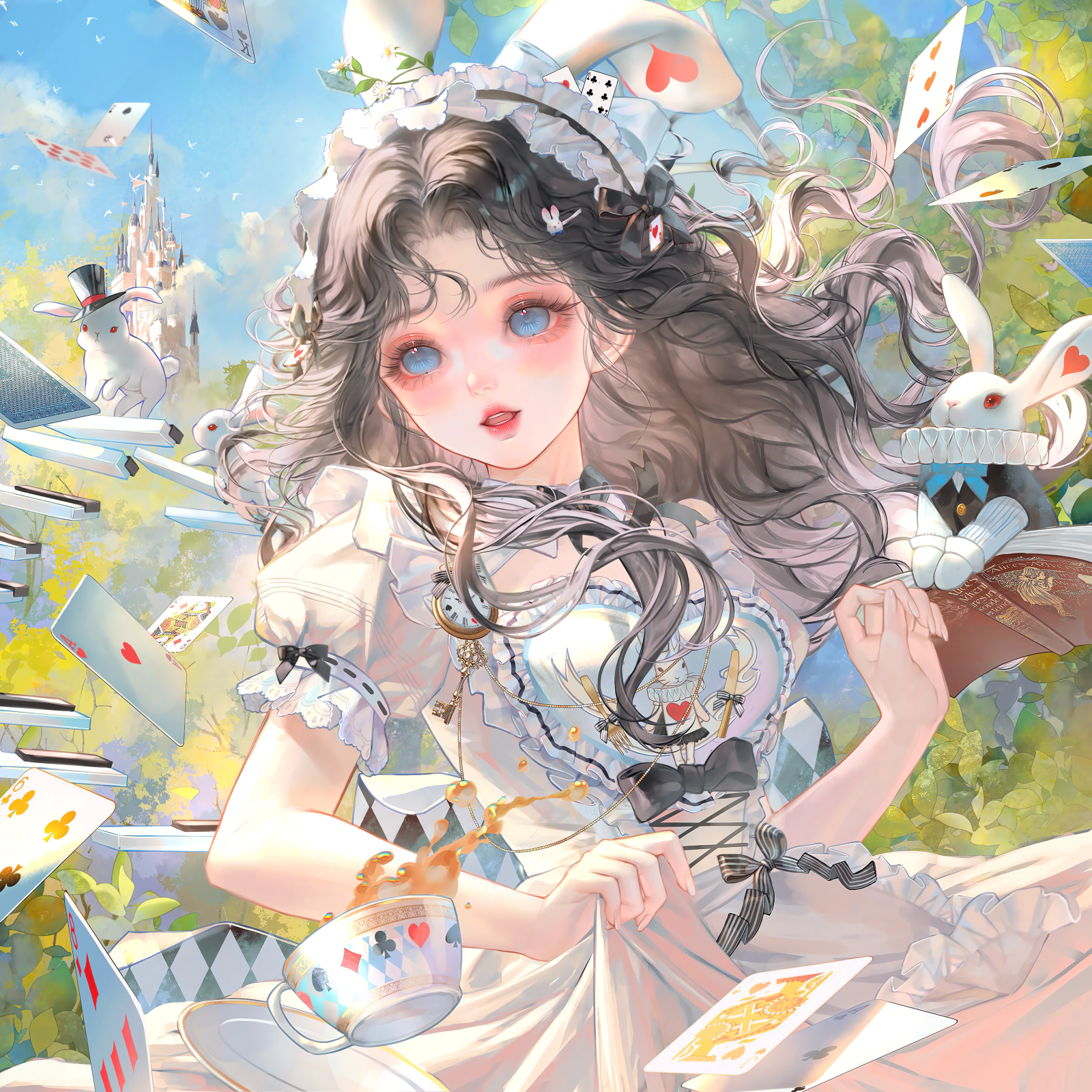xixizi, alice (alice in wonderland), white rabbit (alice in wonderland), original, highres, large variant set, variant set, 1girl, animal ears, apron, black hair, blue eyes, book, bow, card, castle, cup, day, dress, frills, long hair, outdoors, playing card, puffy sleeves, rabbit, rabbit ears, short sleeves, sky, solo, tea, teacup, teapot, tree, white dress