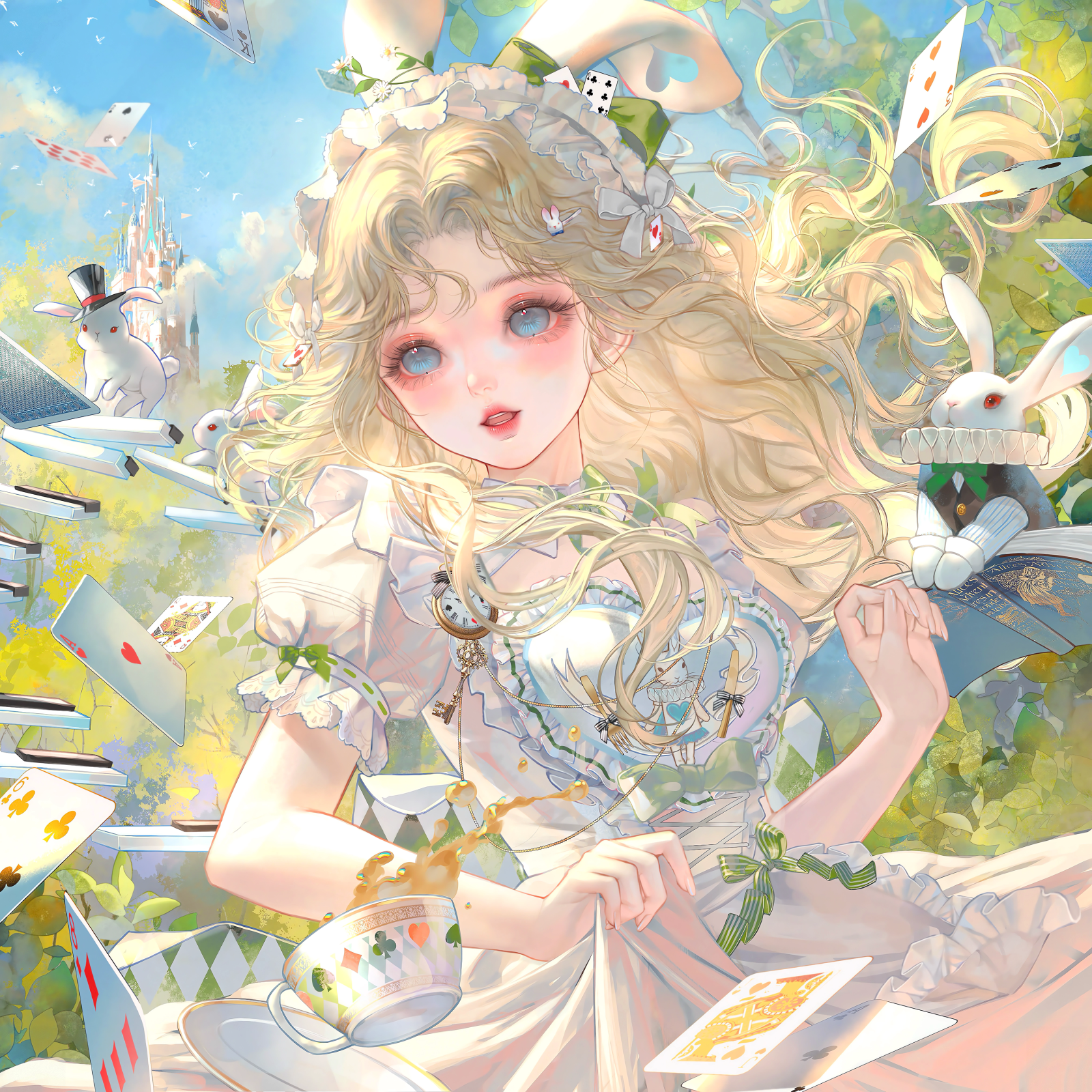 xixizi, alice (alice in wonderland), white rabbit (alice in wonderland), original, highres, large variant set, variant set, 1girl, apron, blonde hair, blue eyes, blue sky, book, bow, card, castle, cloud, cup, day, diamond (shape), dress, food, frilled dress, frills, long hair, open mouth, outdoors, playing card, pocket watch, puffy short sleeves, puffy sleeves, rabbit, short sleeves, sky, solo, tea, teacup, teapot, teeth, tree, watch, white dress