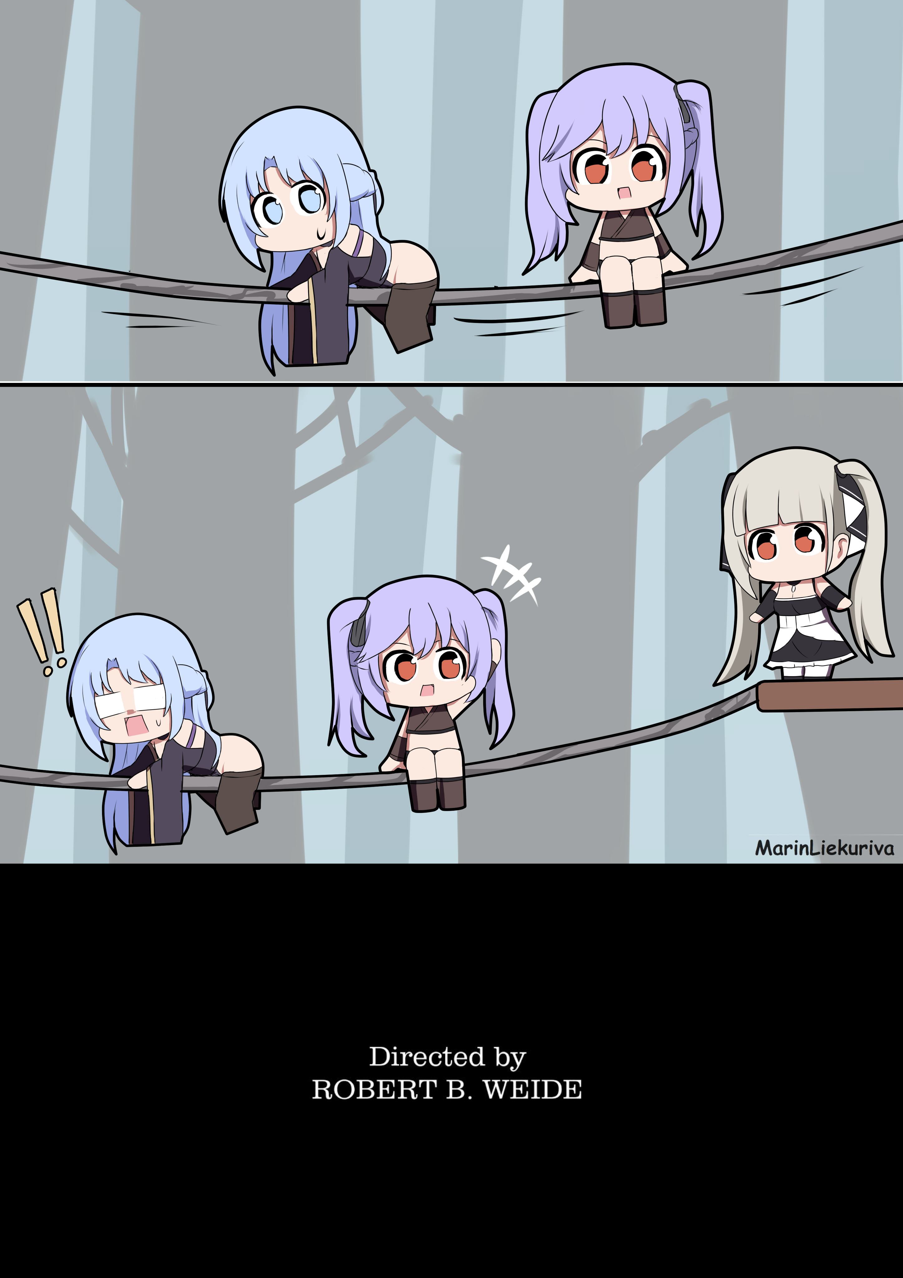 marin liekuriva, alsace (azur lane), alsace (tipsy oni on a sacred night) (azur lane), essex (azur lane), formidable (azur lane), azur lane, absurdres, highres, !, !!, 3girls, blue hair, chibi, grey hair, meme, multiple girls, purple hair, rope, rope walking, twintails