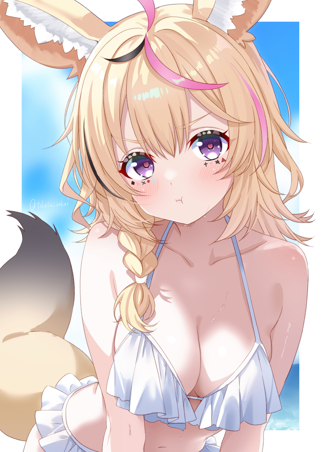 toketa-sekai, omaru polka, hololive, highres, 1girl, animal ears, bikini, blonde hair, braid, breasts, cleavage, fox ears, fox girl, fox tail, large breasts, looking at viewer, multicolored hair, navel, pink hair, pout, purple eyes, solo, streaked hair, swimsuit, tail, white bikini