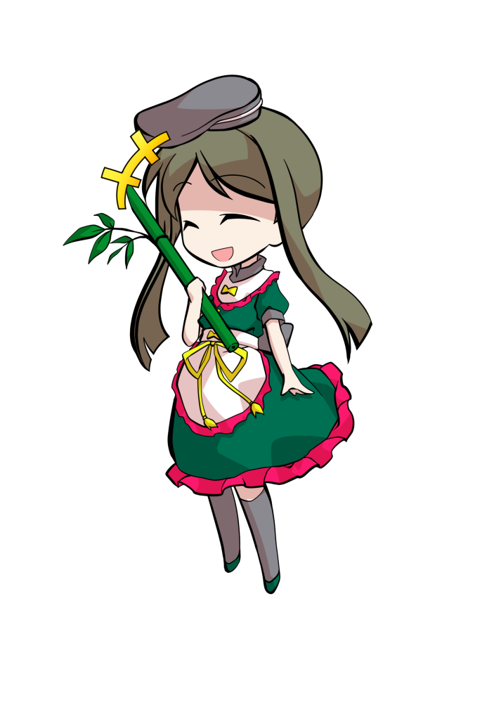 dairi, teireida mai, touhou, commentary request, large variant set, variant set, 1girl, apron, back bow, black bow, black hat, black socks, bow, brown hair, chibi, chibi only, dress, frilled apron, frilled dress, frills, full body, green dress, green shoes, hat, holding, holding plant, medium dress, parted bangs, plant, puffy short sleeves, puffy sleeves, shoes, short hair with long locks, short sleeves, socks, solo, tachi-e, transparent background, waist apron, white apron, yellow bow