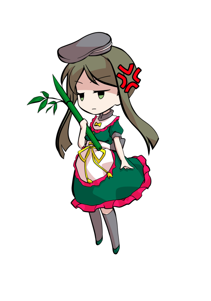 dairi, teireida mai, touhou, commentary request, large variant set, variant set, 1girl, apron, back bow, black bow, black hat, black socks, bow, brown hair, chibi, chibi only, dress, frilled apron, frilled dress, frills, full body, green dress, green shoes, hat, holding, holding plant, medium dress, parted bangs, plant, puffy short sleeves, puffy sleeves, shoes, short hair with long locks, short sleeves, socks, solo, tachi-e, transparent background, waist apron, white apron, yellow bow