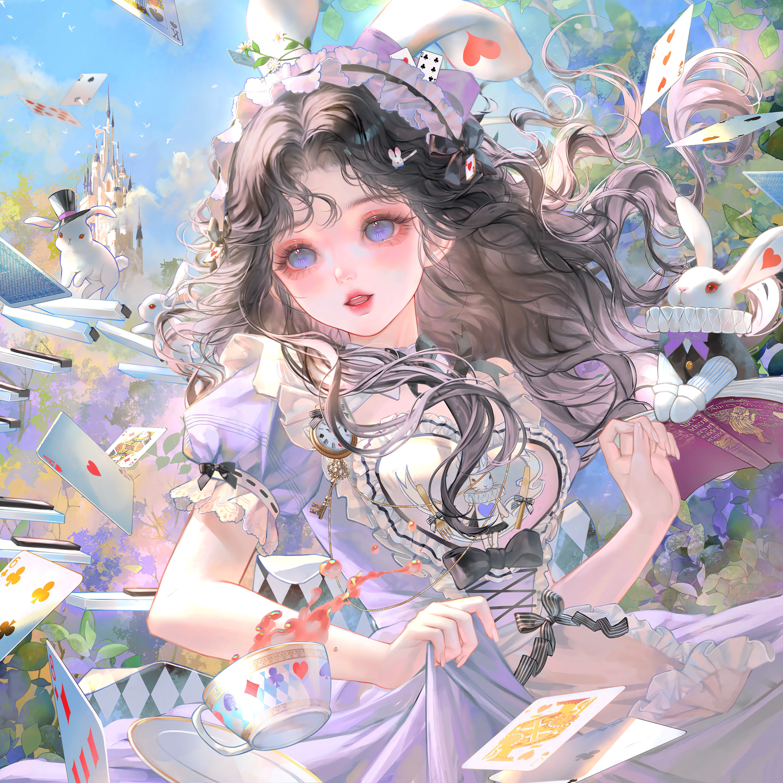 xixizi, alice (alice in wonderland), white rabbit (alice in wonderland), original, highres, large variant set, variant set, 1girl, animal ears, apron, black bow, black hair, blue dress, blue eyes, book, bow, brown hair, card, castle, cup, day, dress, flower, frilled dress, frills, hair bow, long hair, open mouth, outdoors, playing card, puffy short sleeves, puffy sleeves, purple dress, rabbit, rabbit ears, short sleeves, sky, solo, spade (shape), tea, teacup, teapot