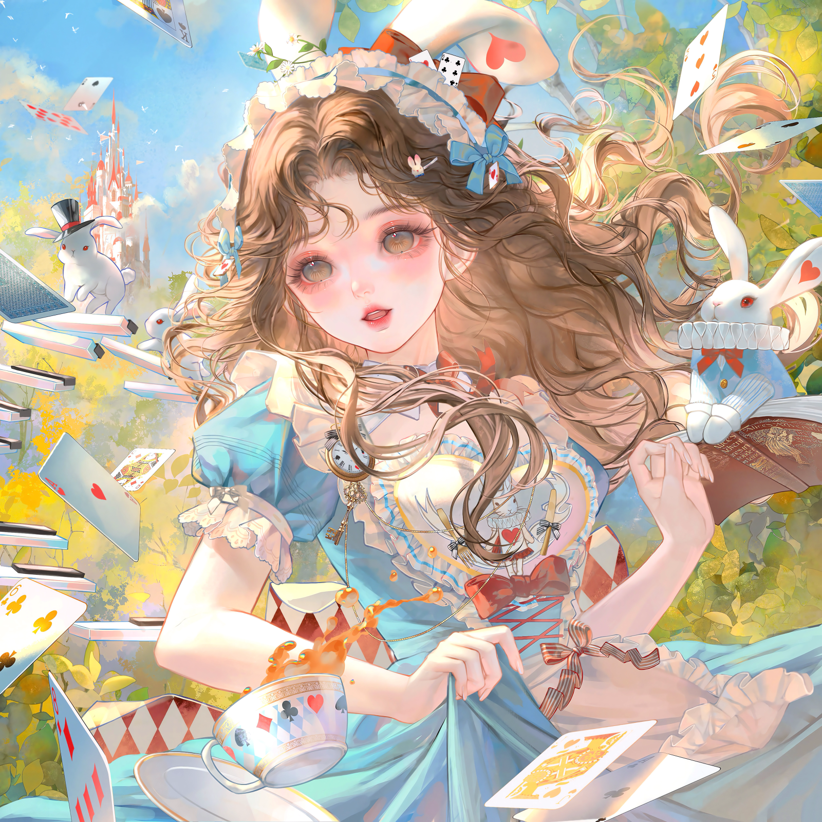 xixizi, alice (alice in wonderland), white rabbit (alice in wonderland), original, highres, large variant set, variant set, 1girl, animal ears, apron, blue dress, blue sky, book, bow, brown eyes, brown hair, card, castle, choker, cloud, cup, day, diamond (shape), dress, flower, frilled dress, frills, hair bow, holding, long hair, looking at viewer, open mouth, outdoors, playing card, puffy short sleeves, puffy sleeves, rabbit, rabbit ears, short sleeves, skirt hold, sky, solo, tea, teacup, teapot, teeth, tree, watch, white apron