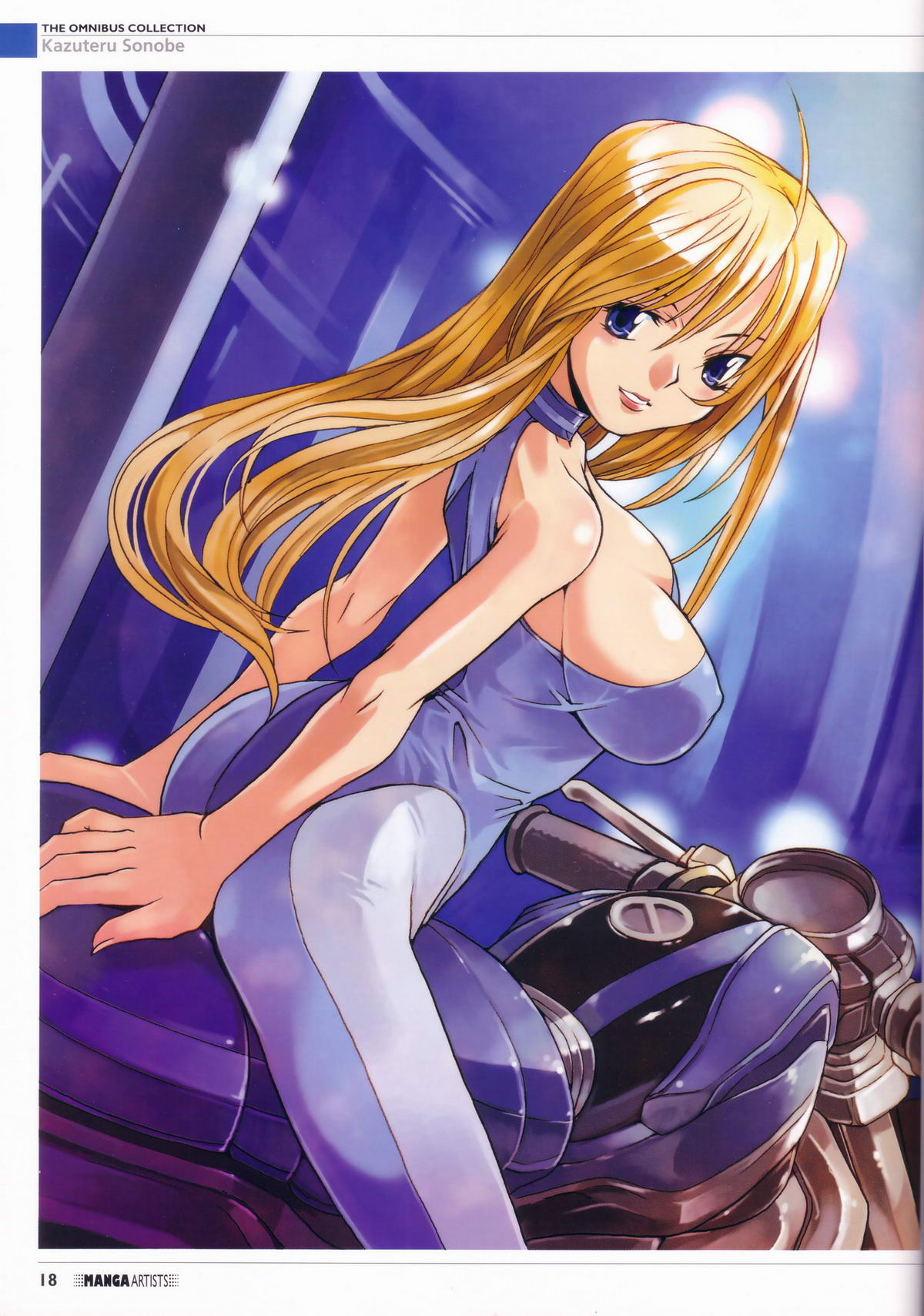 sonobe kazuteru, vehicle, highres, biker clothes, bikesuit, blonde hair, blue eyes, bodysuit, breasts, large breasts, long hair, motor vehicle, motorcycle, skin tight, solo