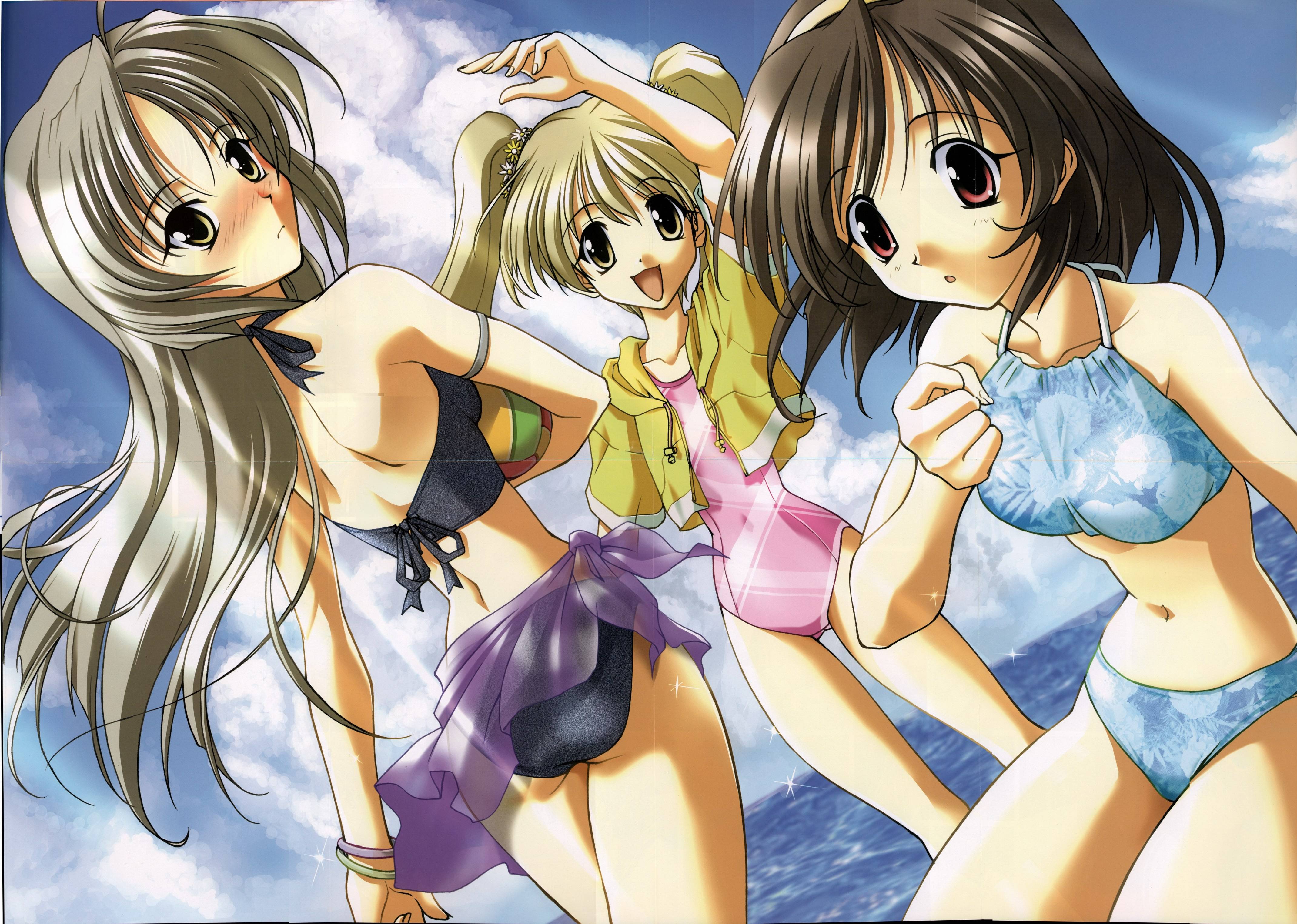 sasaki mutsumi, futami shion, ibuki minamo, imasaka yue, memories off, absurdres, highres, 3girls, bikini, blush, breasts, brown eyes, day, flat chest, long hair, medium breasts, multiple girls, red eyes, short hair, sky, small breasts, swimsuit