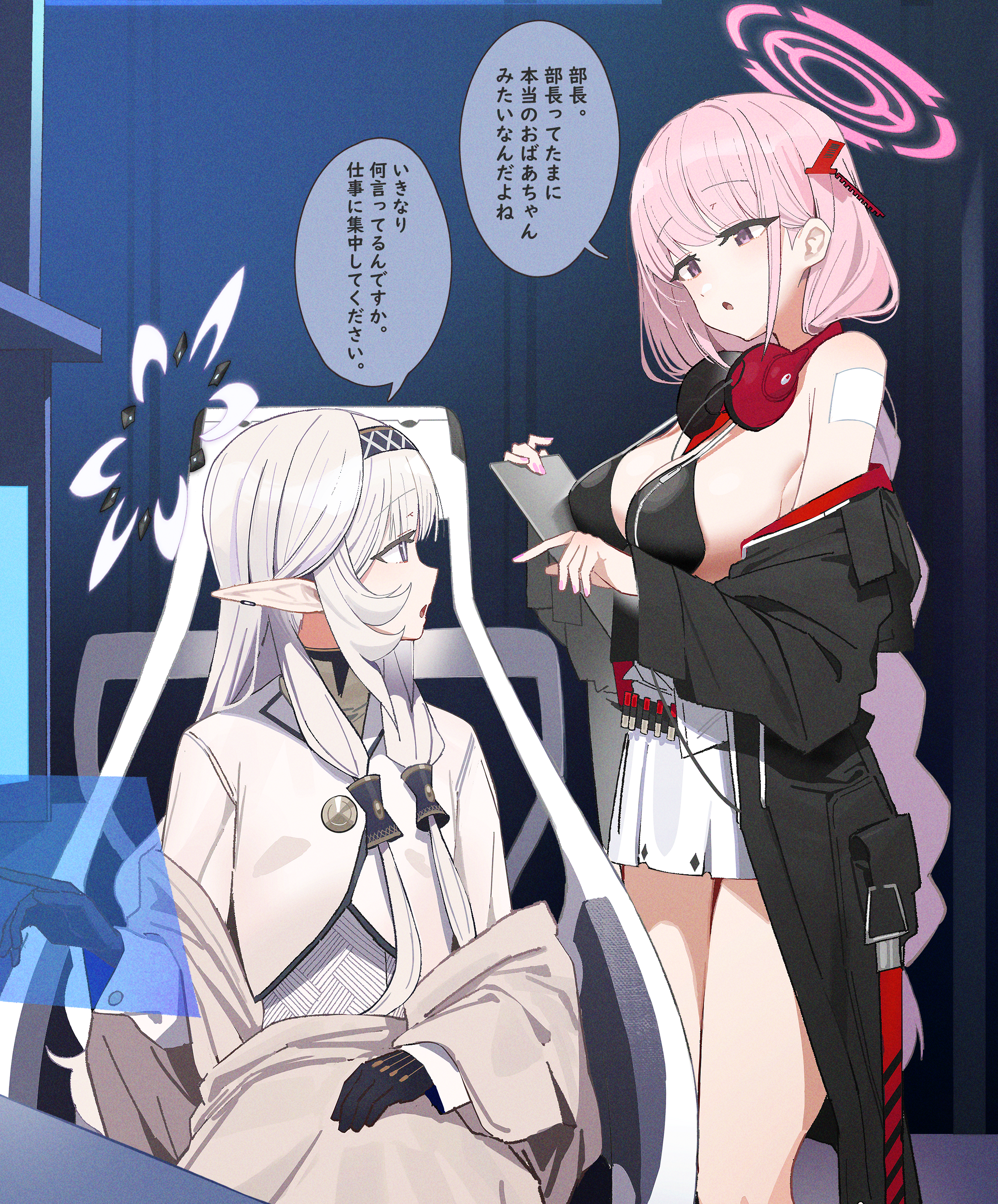 zanya 000, eimi (blue archive), himari (blue archive), blue archive, absurdres, commentary request, highres, revision, translation request, 2girls, bandaid, bandaid on shoulder, bikini, black bikini, black hairband, breast zipper, clipboard, earclip, hair tubes, hairband, halo, headphones, headphones around neck, holding, holding clipboard, long hair, long pointy ears, looking at another, multiple girls, pink hair, pink halo, pointy ears, powered wheelchair, skirt, striped clothes, striped hairband, swimsuit, wheelchair, white hair, white halo, white skirt, zipper bikini