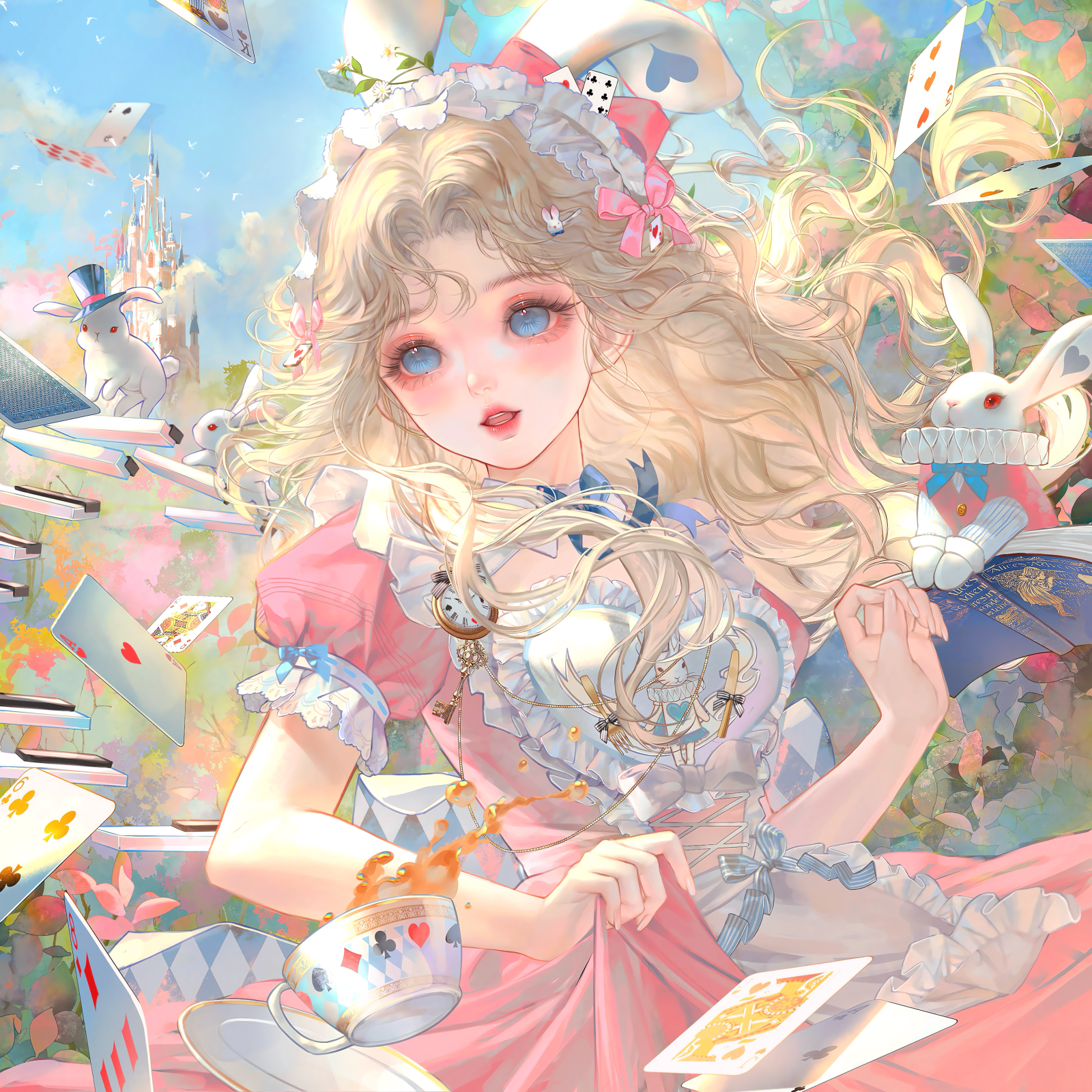 xixizi, alice (alice in wonderland), white rabbit (alice in wonderland), original, highres, large variant set, variant set, 1girl, apron, blonde hair, blue eyes, blue sky, book, bow, card, castle, cup, day, diamond (shape), dress, flower, frilled dress, frills, hair bow, holding, long hair, open mouth, outdoors, pink bow, pink dress, playing card, pocket watch, puffy short sleeves, puffy sleeves, rabbit, short sleeves, skirt hold, sky, solo, tea, teacup, teapot, watch