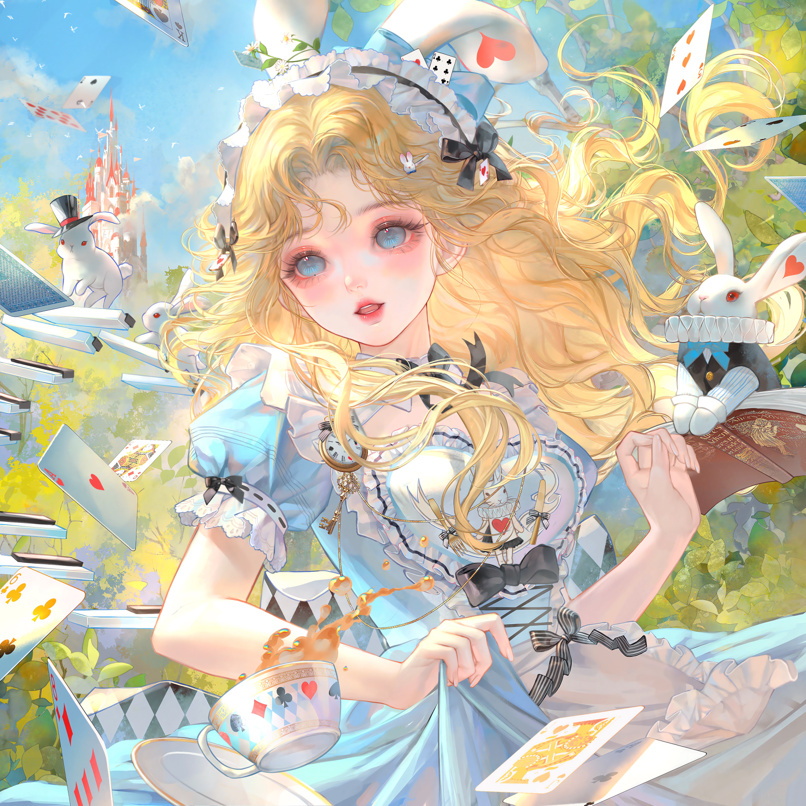 xixizi, alice (alice in wonderland), white rabbit (alice in wonderland), original, highres, large variant set, variant set, 1girl, apron, black bow, blonde hair, blue dress, blue eyes, blue sky, book, bow, card, choker, cup, day, diamond (shape), dress, frilled dress, frills, hair bow, hairband, long hair, open mouth, outdoors, playing card, puffy short sleeves, puffy sleeves, rabbit, short sleeves, skirt hold, sky, solo, tea, teacup, teapot, teeth, tree, watch, white apron