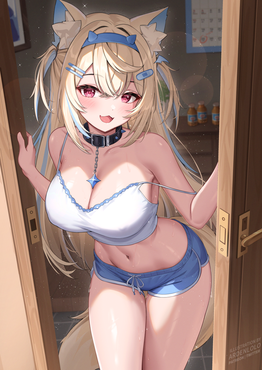 ardenlolo, fuwawa abyssgard, hololive, hololive english, commentary request, highres, 1girl, :3, animal ear fluff, animal ears, bandaid, bandaid hair ornament, black collar, blonde hair, blue hair, blue hairband, blue shorts, blurry, blush, bokeh, breasts, camisole, cleavage, collar, covered erect nipples, crop top, depth of field, dog ears, dog girl, dog tail, dolphin shorts, doorway, fake horns, fang, fangs, feet out of frame, hair between eyes, hair ornament, hairband, horn hairband, horns, large breasts, long hair, looking at viewer, multicolored hair, navel, open door, open mouth, picture frame, pov doorway, red eyes, shirt, short shorts, shorts, skin fang, smile, solo, spiked collar, spikes, standing, stomach, strap slip, streaked hair, sweat, sweatdrop, tail, thighs, tongue, two-tone hair, two side up, virtual youtuber, white camisole