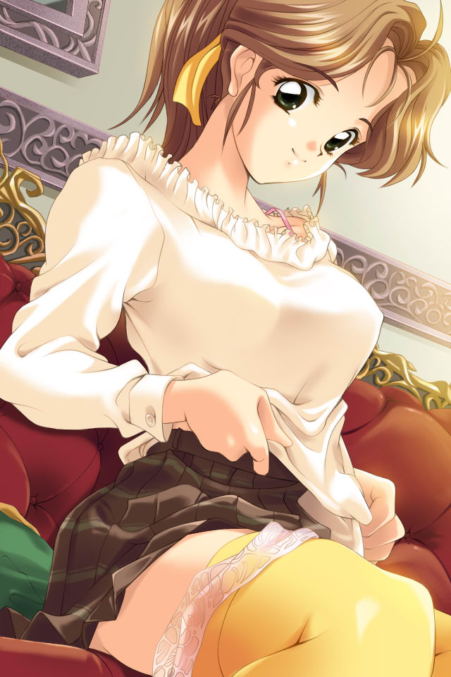 takei masaki, shangrlia, 1girl, brown hair, couch, female focus, green eyes, ponytail, sitting, skirt, solo