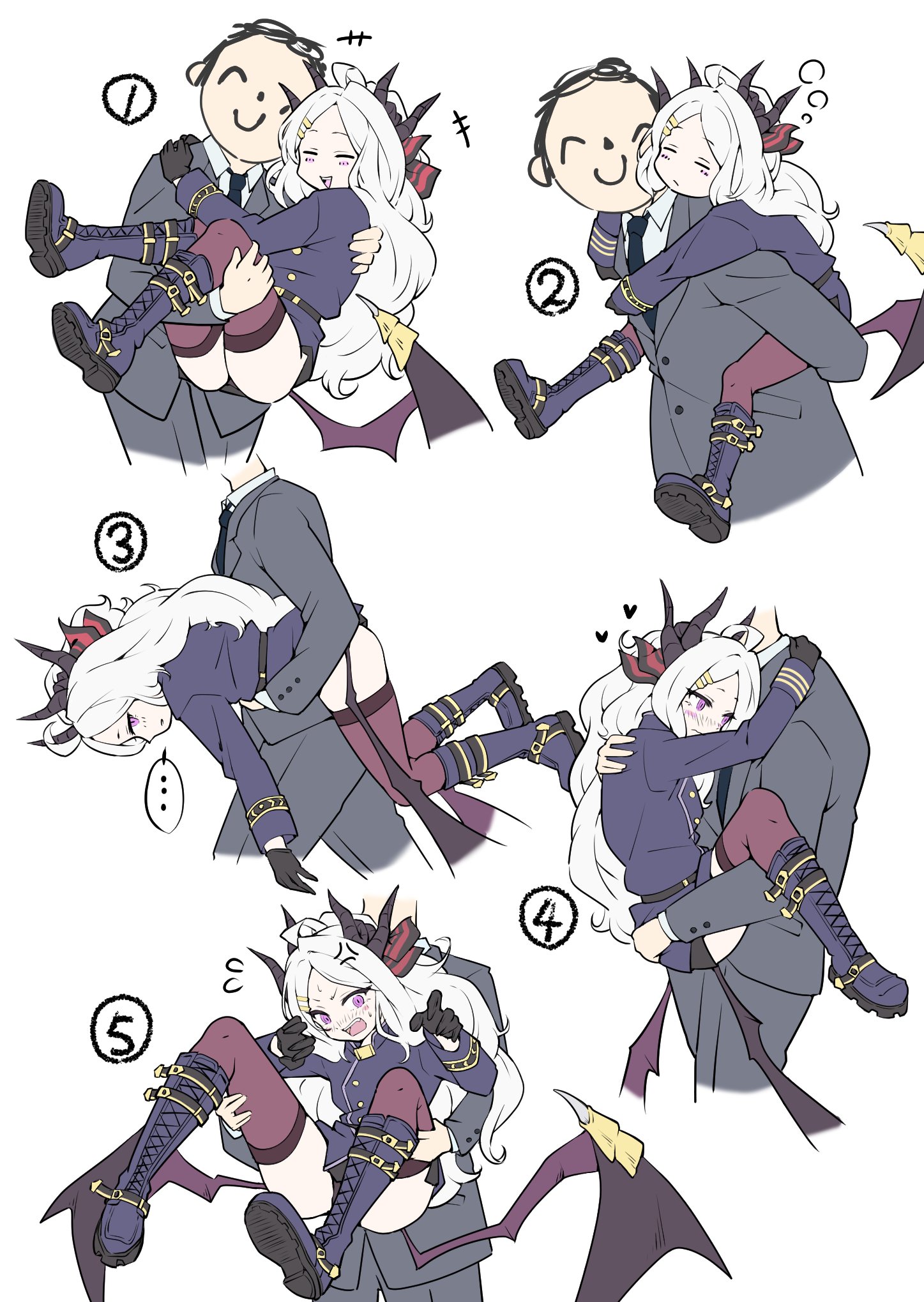 mosuke1221, doodle sensei (blue archive), hina (blue archive), sensei (blue archive), blue archive, commentary request, highres, …, 1boy, 1girl, ahoge, anger vein, ass, belt, black belt, black boots, black gloves, black necktie, black skirt, black thighhighs, blush, boots, carrying, carrying person, carrying under arm, demon girl, demon horns, demon wings, flying sweatdrops, forehead, gloves, hair ribbon, half updo, heart, horns, hug, jacket, knee boots, lapels, long hair, long sleeves, looking at another, military uniform, necktie, numbered, parted bangs, pencil skirt, piggyback, princess carry, purple eyes, ribbon, shirt, side slit, sidelocks, simple background, skirt, sleeping, spoken anger vein, spread legs, suit jacket, thighhighs, wavy hair, white background, white hair, white shirt, wings