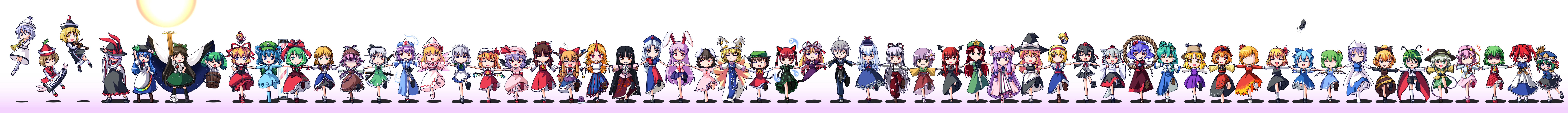tdk, aki minoriko, aki shizuha, alice margatroid, chen, cirno, daiyousei, flandre scarlet, fujiwara no mokou, hakurei reimu, hieda no akyuu, hinanawi tenshi, hong meiling, hoshiguma yuugi, houraisan kaguya, ibuki suika, inaba tewi, inubashiri momiji, izayoi sakuya, kaenbyou rin, kagiyama hina, kamishirasawa keine, kawashiro nitori, kazami yuuka, kirisame marisa, kisume, koakuma, kochiya sanae, komeiji koishi, komeiji satori, konpaku youmu, konpaku youmu (ghost), kurodani yamame, letty whiterock, lily white, lunasa prismriver, lyrica prismriver, medicine melancholy, merlin prismriver, mizuhashi parsee, morichika rinnosuke, moriya suwako, mystia lorelei, nagae iku, onozuka komachi, patchouli knowledge, reisen udongein inaba, reiuji utsuho, remilia scarlet, rumia, saigyouji yuyuko, shameimaru aya, shanghai doll, shiki eiki, su-san, wriggle nightbug, yagokoro eirin, yakumo ran, yakumo yukari, yasaka kanako, perfect memento in strict sense, saturday night fever, touhou, absurdres, highres, long image, wide image, > <, 6+girls, :d, ^^^, alcohol, alternate hairstyle, anger vein, angry, animal ears, antennae, arm cannon, arm up, ascot, black hair, blonde hair, blue hair, blush, blush stickers, bow, braid, brown hair, bucket, buttons, cape, carrot, cat ears, cat tail, chain, chibi, closed eyes, crescent, crescent moon, dancing, detached sleeves, doll, dress, earrings, everyone, extra ears, fairy wings, flower, food, fox tail, front ponytail, fruit, gap (touhou), gem, geta, ghost, glasses, grapes, green eyes, green hair, grey eyes, hair bobbles, hair bow, hair ornament, hair ribbon, hand on own hip, hat, hat bow, hat ribbon, heart, horns, ice, in bucket, in container, instrument, japanese clothes, jewelry, keyboard (instrument), leaf, long hair, maid, miko, mirror, moon, multiple girls, multiple tails, nekomata, one eye closed, open mouth, orange eyes, outstretched arms, peach, pink hair, plaid clothes, plaid skirt, plaid vest, ponytail, purple eyes, purple hair, rabbit ears, red eyes, red hair, ribbon, rod of remorse, rope, sake, saliva, scared, shaded face, shawl, sheath, shoes, short hair, side ponytail, single horn, single shoe, skirt, skirt set, skull, sleeping, smile, star (symbol), suspenders, sweatdrop, sword, tail, tears, tengu-geta, third eye, tokin hat, trumpet, turn pale, twintails, vest, violin, weapon, white hair, wings, wink, wolf ears, wolf tail, x mouth, xd, yellow eyes, you gonna get raped