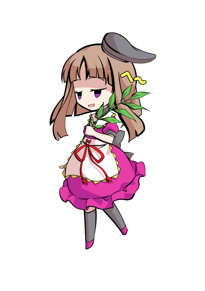 dairi, nishida satono, touhou, commentary request, large variant set, variant set, 1girl, apron, black hat, black socks, bow, brown hair, chibi, chibi only, dress, full body, hat, myouga (plant), pink dress, pink shoes, shoes, short hair with long locks, short sleeves, socks, solo, tachi-e, transparent background, waist apron