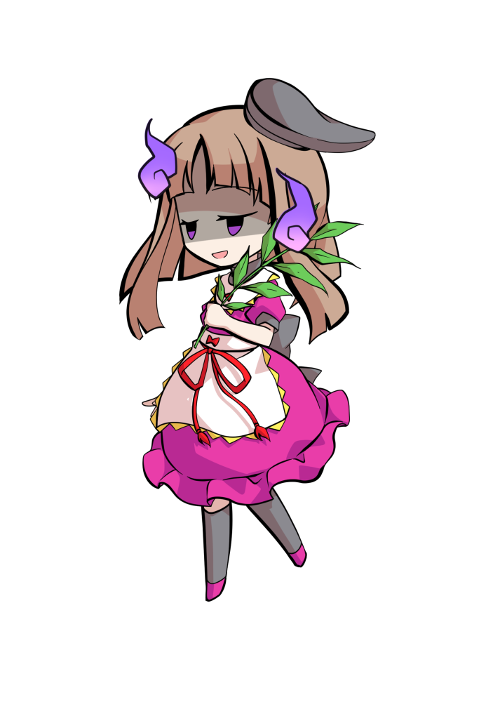 dairi, nishida satono, touhou, commentary request, large variant set, variant set, 1girl, apron, black hat, black socks, bow, brown hair, chibi, chibi only, dress, full body, hat, myouga (plant), pink dress, pink shoes, shoes, short hair with long locks, short sleeves, socks, solo, tachi-e, transparent background, waist apron