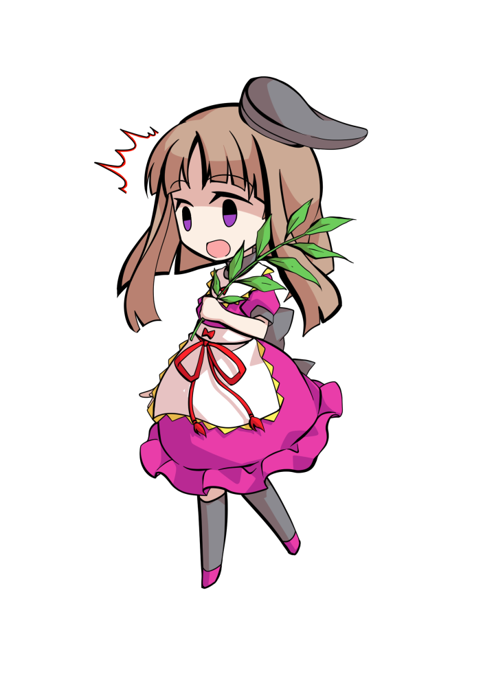 dairi, nishida satono, touhou, commentary request, large variant set, variant set, 1girl, apron, black hat, black socks, bow, brown hair, chibi, chibi only, dress, full body, hat, myouga (plant), pink dress, pink shoes, shoes, short hair with long locks, short sleeves, socks, solo, tachi-e, transparent background, waist apron
