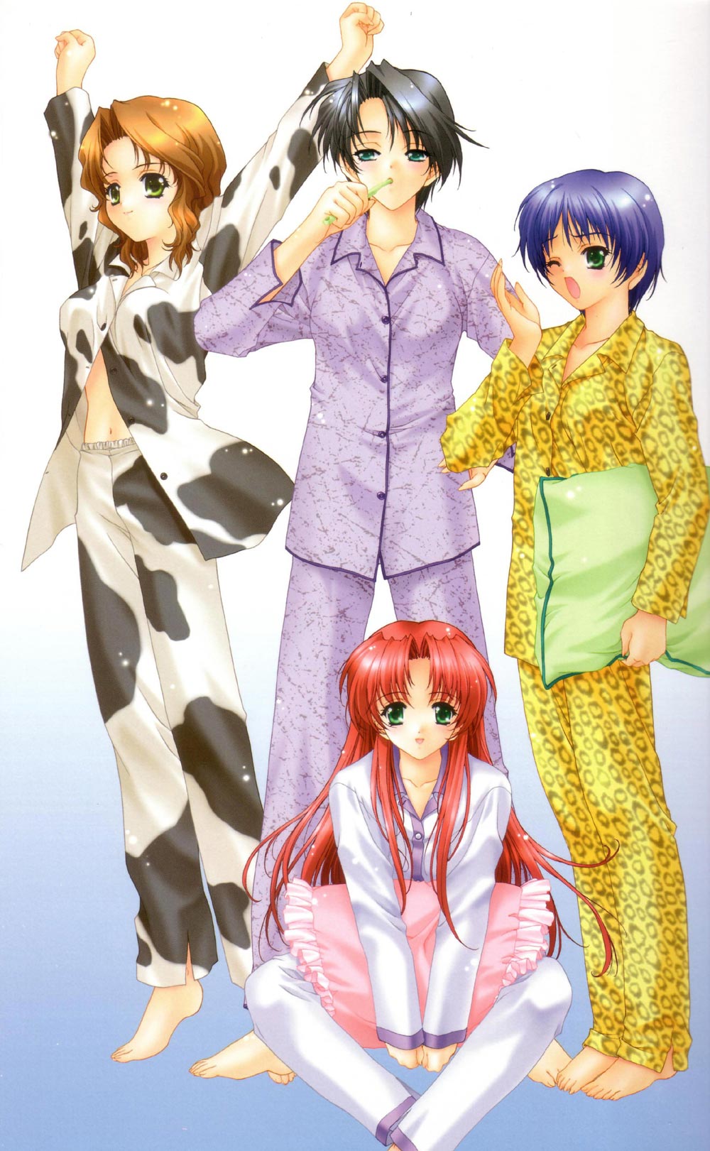 kimizuka aoi, highres, barefoot, black hair, blonde hair, blue eyes, green eyes, long hair, pajamas, pillow, purple hair, red hair, short hair