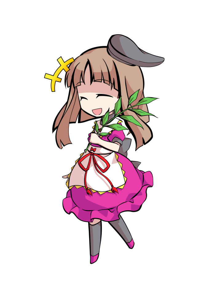 dairi, nishida satono, touhou, commentary request, large variant set, variant set, 1girl, apron, black hat, black socks, bow, brown hair, chibi, chibi only, dress, full body, hat, myouga (plant), pink dress, pink shoes, shoes, short hair with long locks, short sleeves, socks, solo, tachi-e, transparent background, waist apron