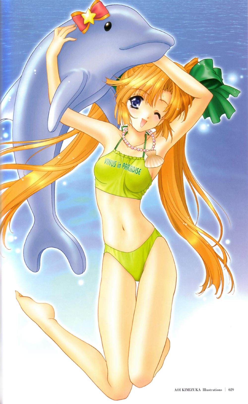 kimizuka aoi, highres, scan, armpits, barefoot, bikini, blue eyes, dolphin, english text, engrish text, jewelry, long hair, necklace, one eye closed, ranguage, shell, solo, swimsuit, twintails, very long hair, wink, yellow bikini