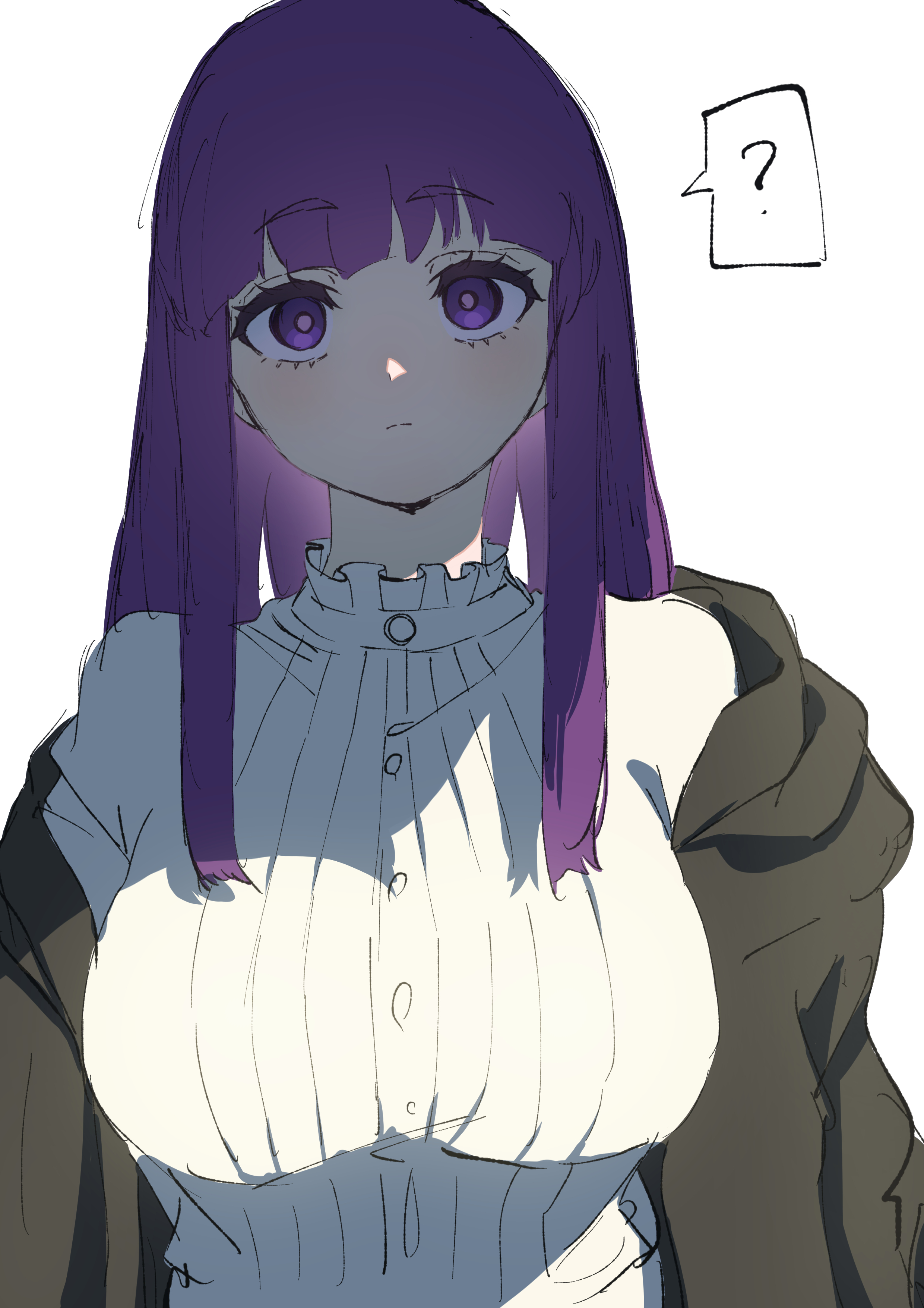 tama konnyaku, fern (sousou no frieren), sousou no frieren, absurdres, commentary request, highres, 1girl, ?, black robe, breasts, dress, large breasts, long hair, looking ahead, purple eyes, purple hair, robe, shaded face, simple background, solo, spoken question mark, straight hair, upper body, white background, white dress