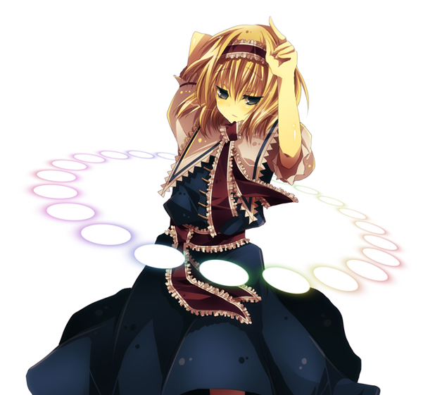hiiroen, alice margatroid, touhou, bad id, bad pixiv id, 1girl, blonde hair, danmaku, female focus, hairband, ribbon, short hair, solo, standing, white background