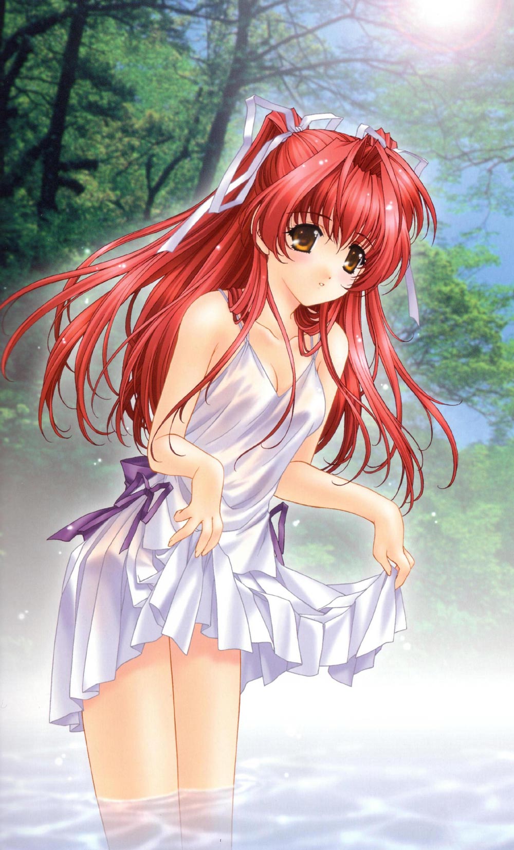 kimizuka aoi, shinbashi mina, suki da yo!, highres, non-web source, 00s, 1girl, blush, breasts, cleavage, clothes lift, day, dress, dress lift, female focus, forest, hair ribbon, lens flare, long hair, medium breasts, nature, orange eyes, outdoors, photo background, red hair, ribbon, shimbashi mina, skirt, skirt hold, solo, sundress, tree, wading, water, white dress, white skirt