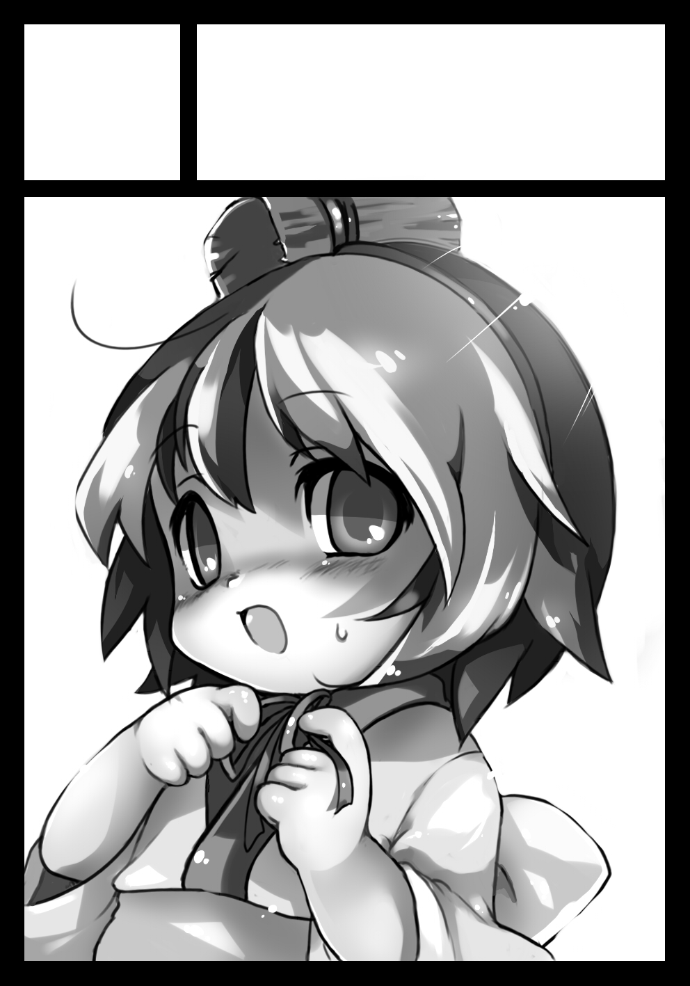 kumuiutabito, binchou-tan (character), binchou-tan, bad id, bad pixiv id, highres, 00s, 1girl, black border, blush, border, circle cut, female focus, greyscale, monochrome, solo