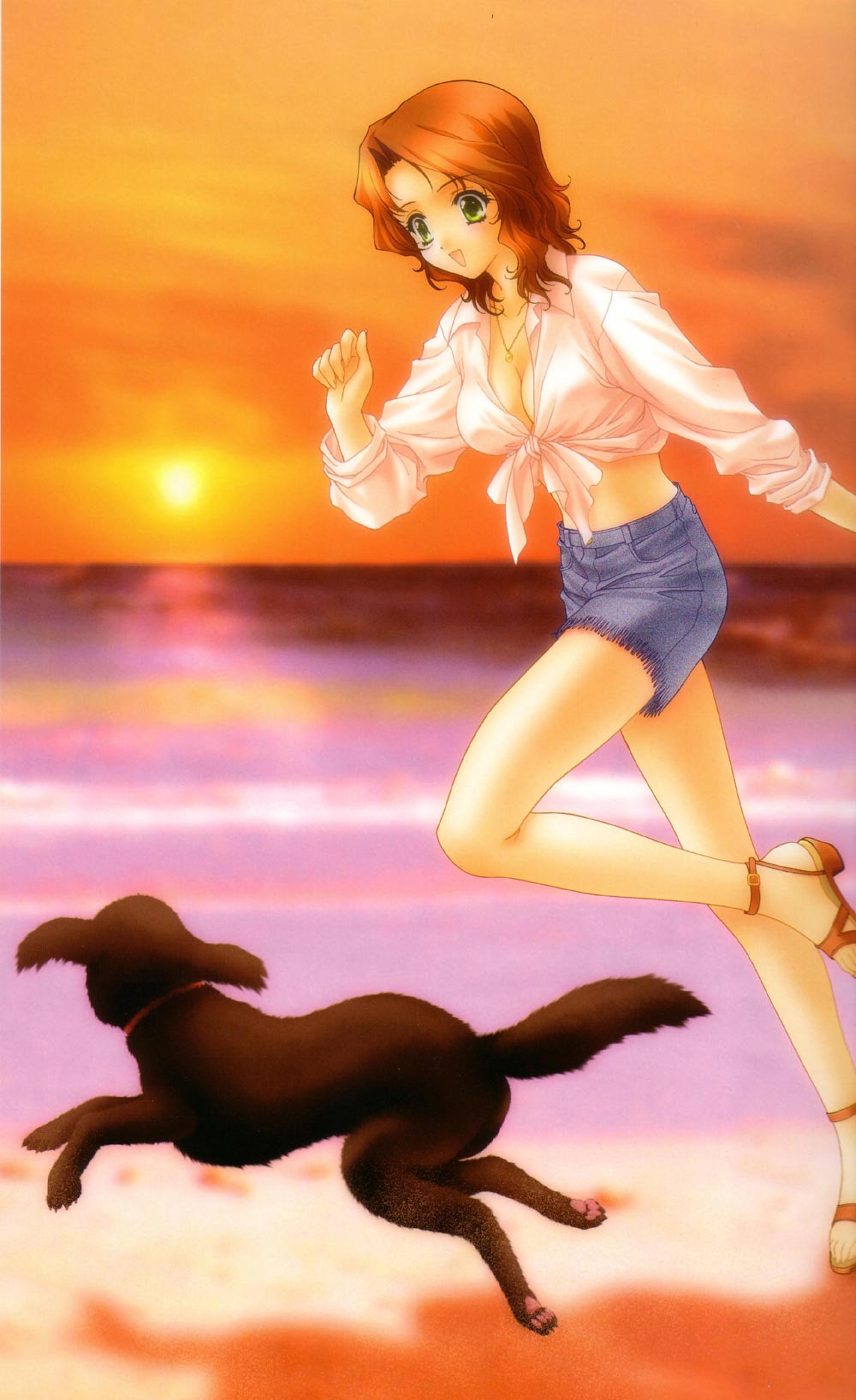 kimizuka aoi, highres, beach, brown hair, denim, denim shorts, dog, green eyes, high heels, sandals, shoes, shorts, solo, sunset, toes